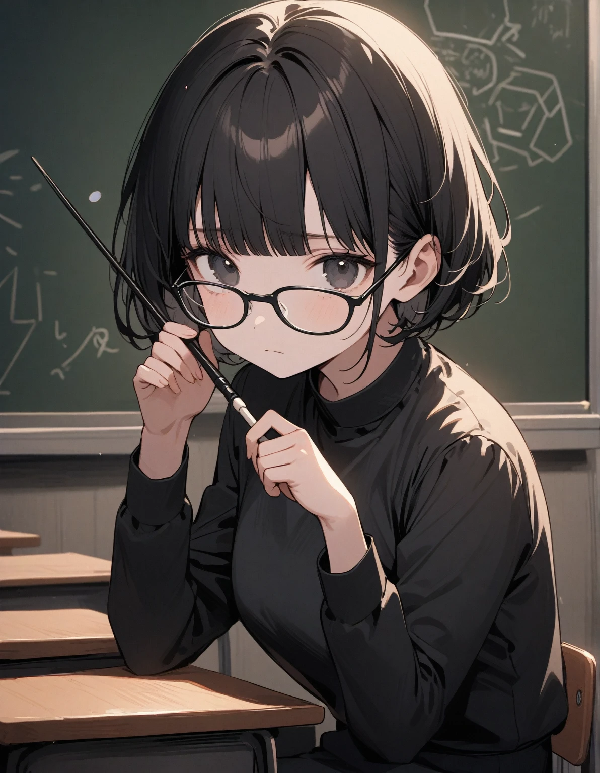 beautiful face, beautiful girl, looks at the viewer, wears glasses, black eyes, black hair, short hair with bangs, wears a black blouse and a black pencil skirt, black tights, sad, sad look, stands in the classroom, teacher, near the blackboard, teaches children, holds a pointer in her hands, gentle tones