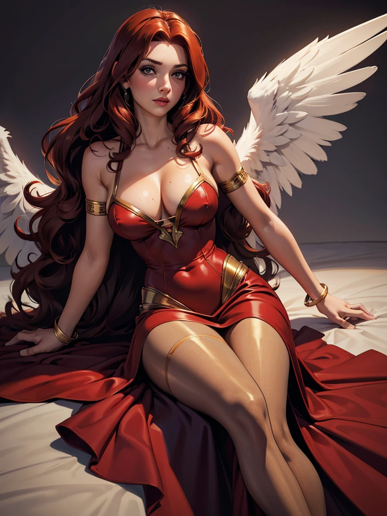 (best quality,8k:1.2,high resolution:1.2),ultra-detalhado,Realistic,vintage godess female,long red curly hair,rosto extremamente detalhados,long eyelashes,big angel wings,soft dark red dress with gold details,cleavage,suntan pantyhose,metalic accessories,Physically-based rendering,sharp focus,white neutral background