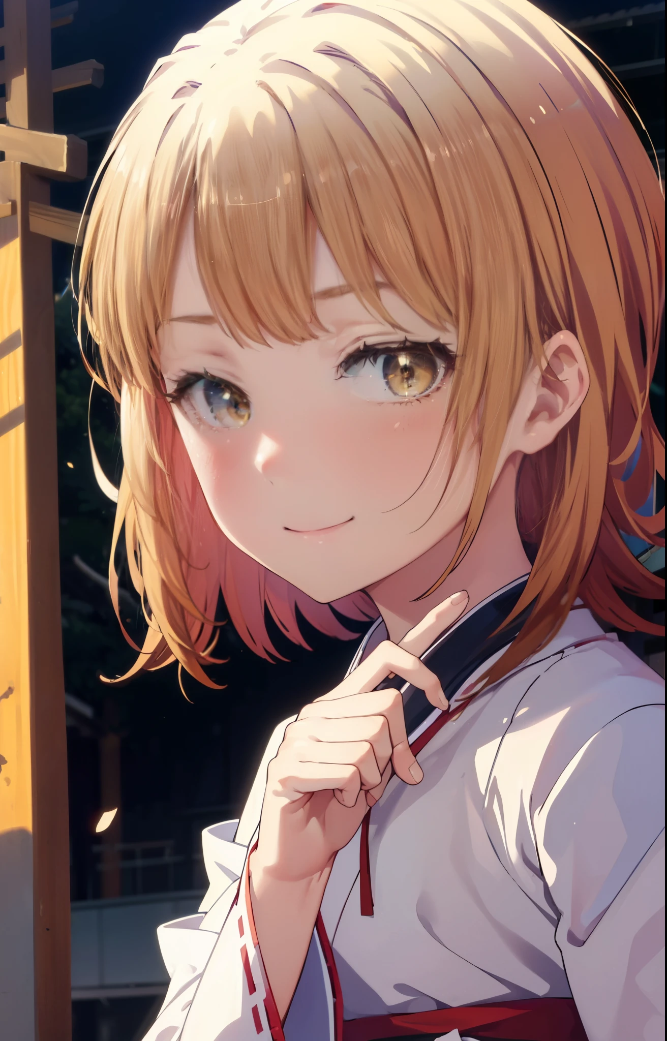 irohaisshiki, iroha isshiki, long hair, brown hair, (brown eyes:1.5), smile,Bellflower,Miko, 白色kimono, kimono,Red hakama Same as skirt, wide sleeve, long sleeve, Ribbon trim sleeves, happy smile, smile, open your mouth,short braided hair,
very long hair, dull bangs, low ponytail,
break outdoors, shrine,torii,
break looking at viewer,whole body, (cowboy shot:1. 5)
break (masterpiece:1.2), highest quality, High resolution, unity 8k wallpaper, (shape:0.8), (fine and beautiful eyes:1.6), highly detailed face, perfect lighting, Very detailed CG, (perfect hands, perfect anatomy),