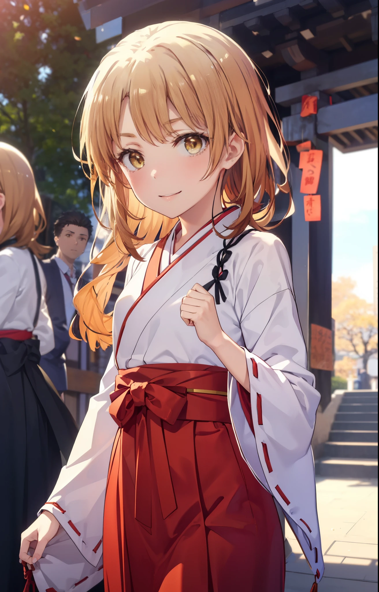 irohaisshiki, iroha isshiki, long hair, brown hair, (brown eyes:1.5), smile,Bellflower,Miko, 白色kimono, kimono,Red hakama Same as skirt, wide sleeve, long sleeve, Ribbon trim sleeves, happy smile, smile, open your mouth,short braided hair,
very long hair, dull bangs, low ponytail,
break outdoors, shrine,torii,
break looking at viewer,whole body, (cowboy shot:1. 5)
break (masterpiece:1.2), highest quality, High resolution, unity 8k wallpaper, (shape:0.8), (fine and beautiful eyes:1.6), highly detailed face, perfect lighting, Very detailed CG, (perfect hands, perfect anatomy),