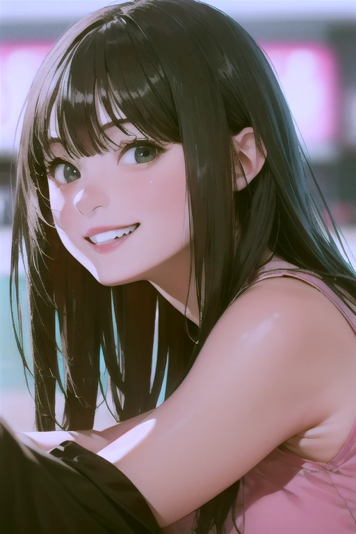 (8K、RAW photo、best image quality、High resolution:1.1)、(超realistic:1.4)、(realistic、Photoreal:1.3)、soft light、with a girl、long hair、Japanese、20-year-old、lifelike face、green eyes、realistic body、real looking skin、、absurd、masterpiece、(cute:1.8)、cuties、solo、(length:1.2)、fine black eyes、innocent eyes、cheek、(Tank top:1.2)、cinematic light、film grain、put your hand on your waist、((small tits:1.1))、pink lips、 open lips、upper teeth、(smiling eyes:0.6)、((grin:1.2))、Depth of the bounds written、blurred background、focus of the eye、Bokeh、summer、Shinjuku、met、big、105mm lens、Huge 、f / 1.4、professional lighting、young、Portrait、photon mapping、radio city、Physically based rendering、(whole body:1.2)