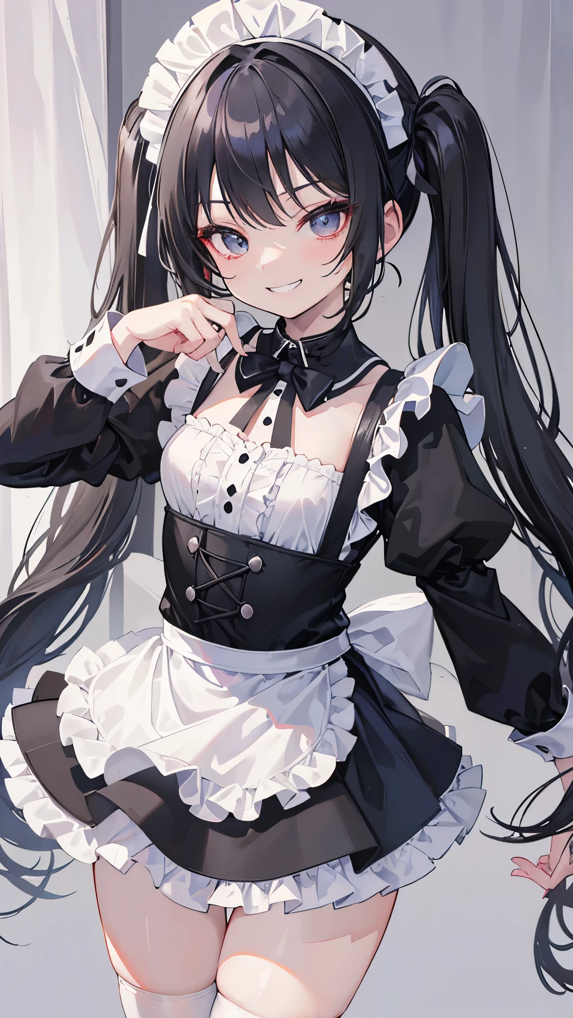 (8K、Highest image quality、highest quality、masterpiece)、detailed face、((one loli))、black hair、short twintails、gray eyes、evil smile、((grin))、small breasts、white brim、((maid))、frills、apron、((miniskirt))、cowboy shot、luxury room background