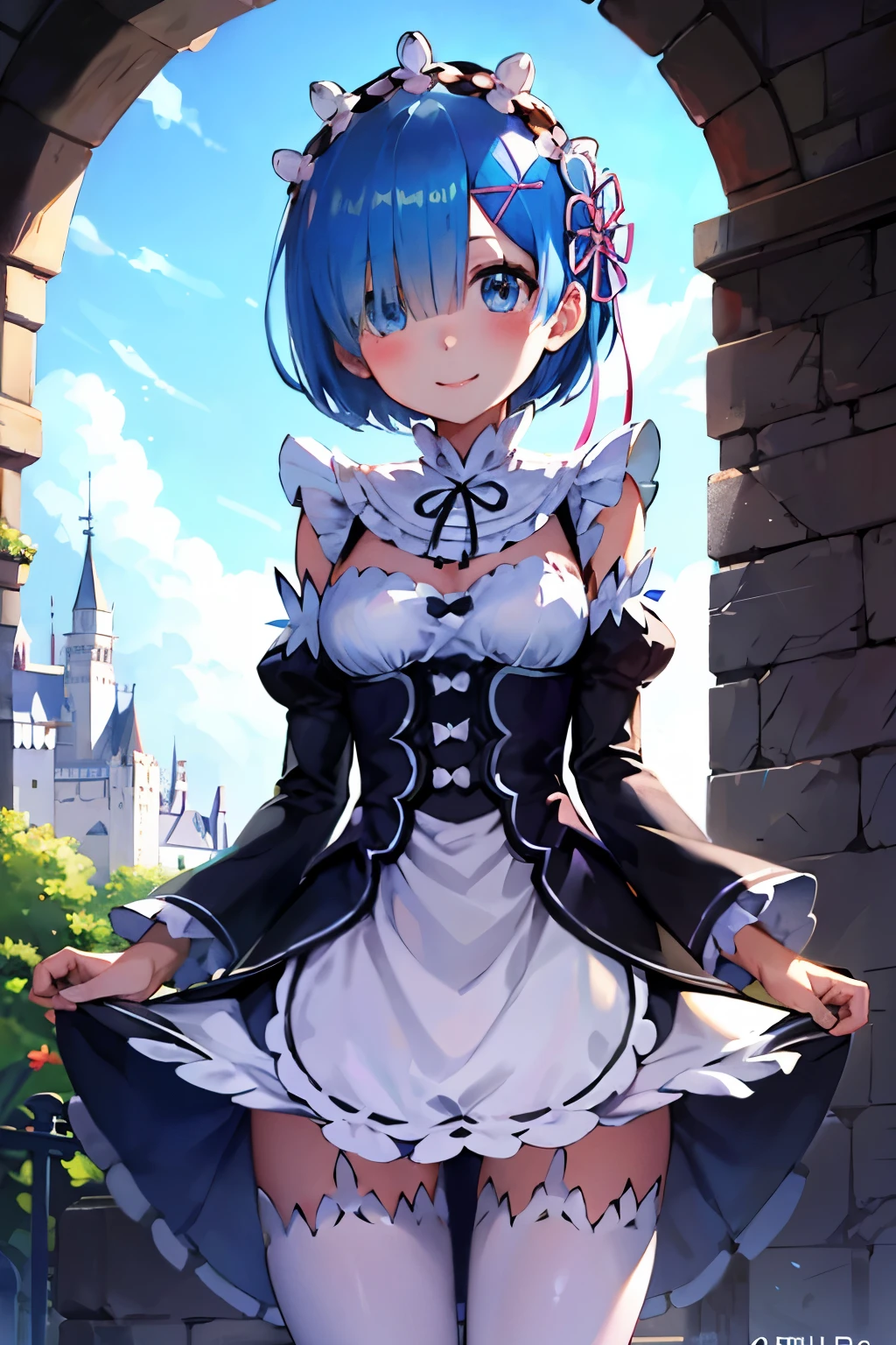 blue hair, rem \(re:zero\), [smile], blush, castle,, masterpiece, best quality, perfect lighting, 1girl, upskirt, medium breasts,