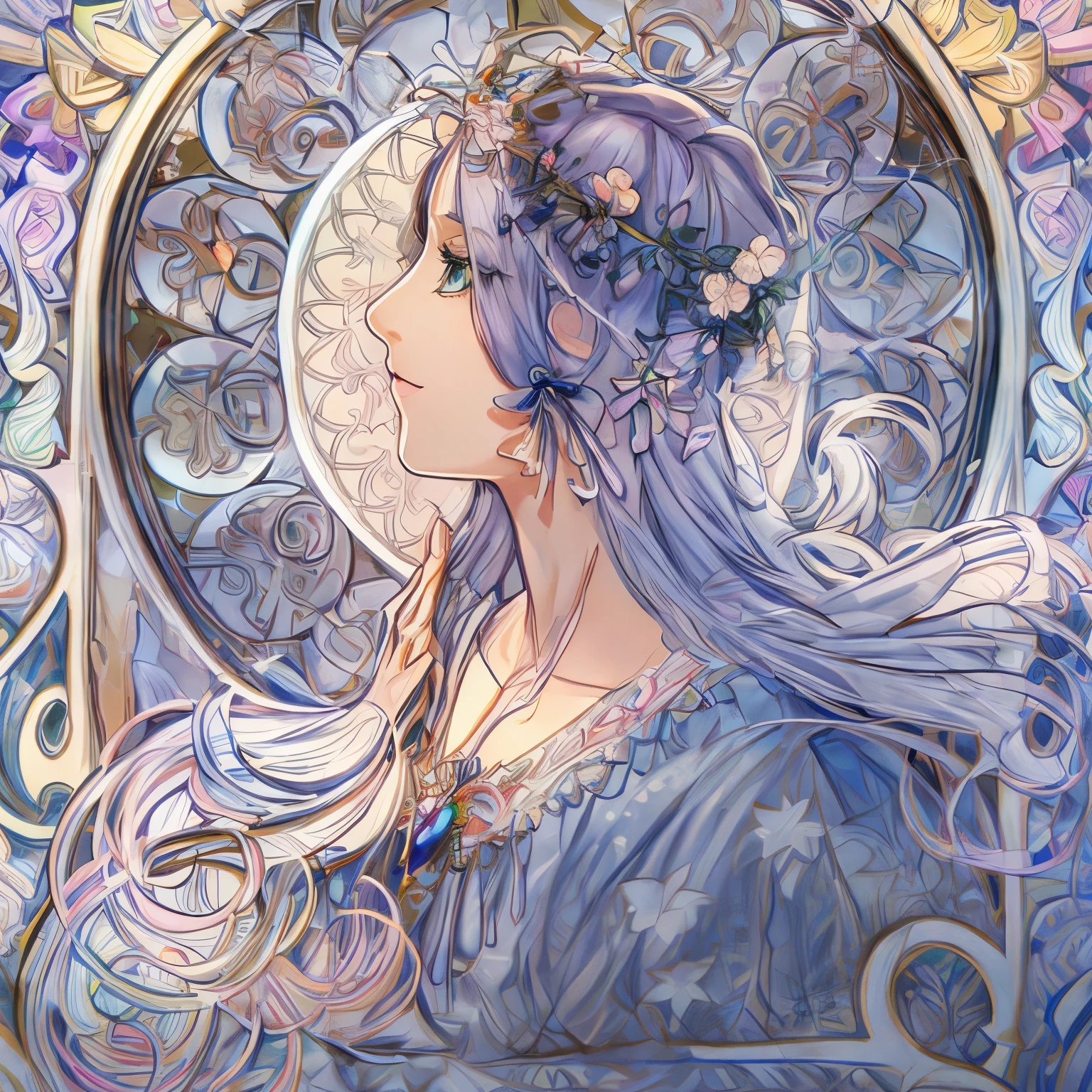 (masterpiece, highest quality, detailed beautiful:1.2), (Perfect sketch, fine clothes, fine eyes), Krenz Kuchart Style, Alphonse Mucha style, (1 girl), alone, (look to the left), Dressed like a Norse goddess, (portrait, shot from the side), A lot of flowers in the frame,