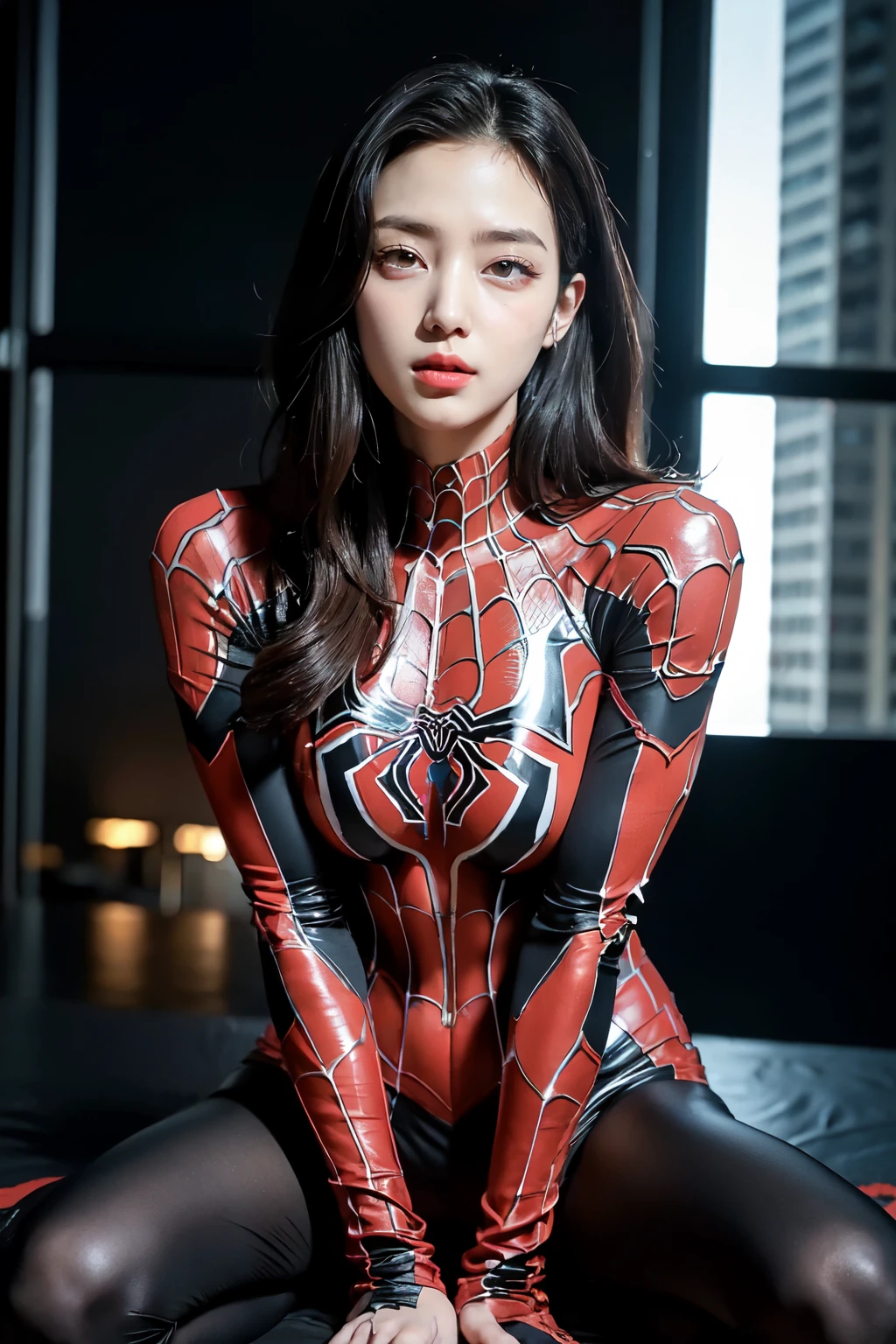 (best quality,ultra-detailed,realistic:1.37), digital illustration, ( woman wearing a venom spiderman costume), detailed eyes and face, beautiful detailed lips, red lips, sexy body, big breasts,long eyelashes, big breasts:1.5, Close-up photo,  woman wearing a venom spider costume, long hair, ((Take a photo from below the thigh)),vibrant colors, dramatic lighting, comic book style,  woman wearing a venom spiderman costume, position:sitting, seductive pose, skyscraper background, view dark sky, tall buildings