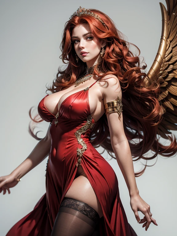 (best quality,8k:1.2,high resolution:1.2),ultra-detalhado,Realistic,vintage godess female,long red curly hair,rosto extremamente detalhados,long eyelashes,big angel wings,soft dark red dress with gold details,cleavage,suntan pantyhose,metalic accessories,Physically-based rendering,sharp focus,white neutral background