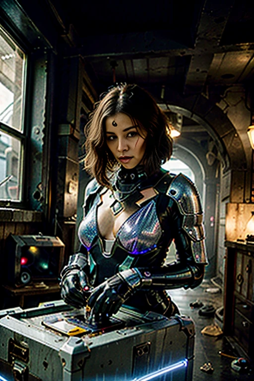 (best quality,4k,8k,highres,masterpiece:1.37), ultra-detailed, (realistic,photorealistic,photo-realistic:1.5), pixel art, (aerial view), (top down perspective), beautiful, cyberfusion, (the focal point is one woman pulling a video game cartridge out of a futuristic artifact chest full of retro video game cartridges:1.6), (the woman is looking down:1.5), (Futuristic artifact box), (The woman is looking inside the artifact box:1.6), (the artifact box is open), (The scene unfolds inside a mystical cavern:1.4), mecha, (The woman is wearing a high-tech blue black metal cyberpunk bodysuit:1.37), (dynamic angle:1.4), (The woman has short light brown hair:1.6), (fantasy and sci-fi mixed:1.5), holographic glitch effects floats around the woman, vibrant colors, (A purple glow emanates from inside the treasure chest), glowing lights, (abandoned machinery), (there are old video game cartridges and consoles on the background), mystical creatures, pixelated details, (there are crystal formations spreading on the background), (futuristic technology), (ancient artifacts), mystical energy, vibrant retro aesthetic, atmospheric lighting, hidden passages, ancient ruins, mysterious symbols, shimmering water, lush vegetation, interdimensional portals, ethereal music, nostalgic atmosphere, immersive storytelling, epic adventure, delightful surprises