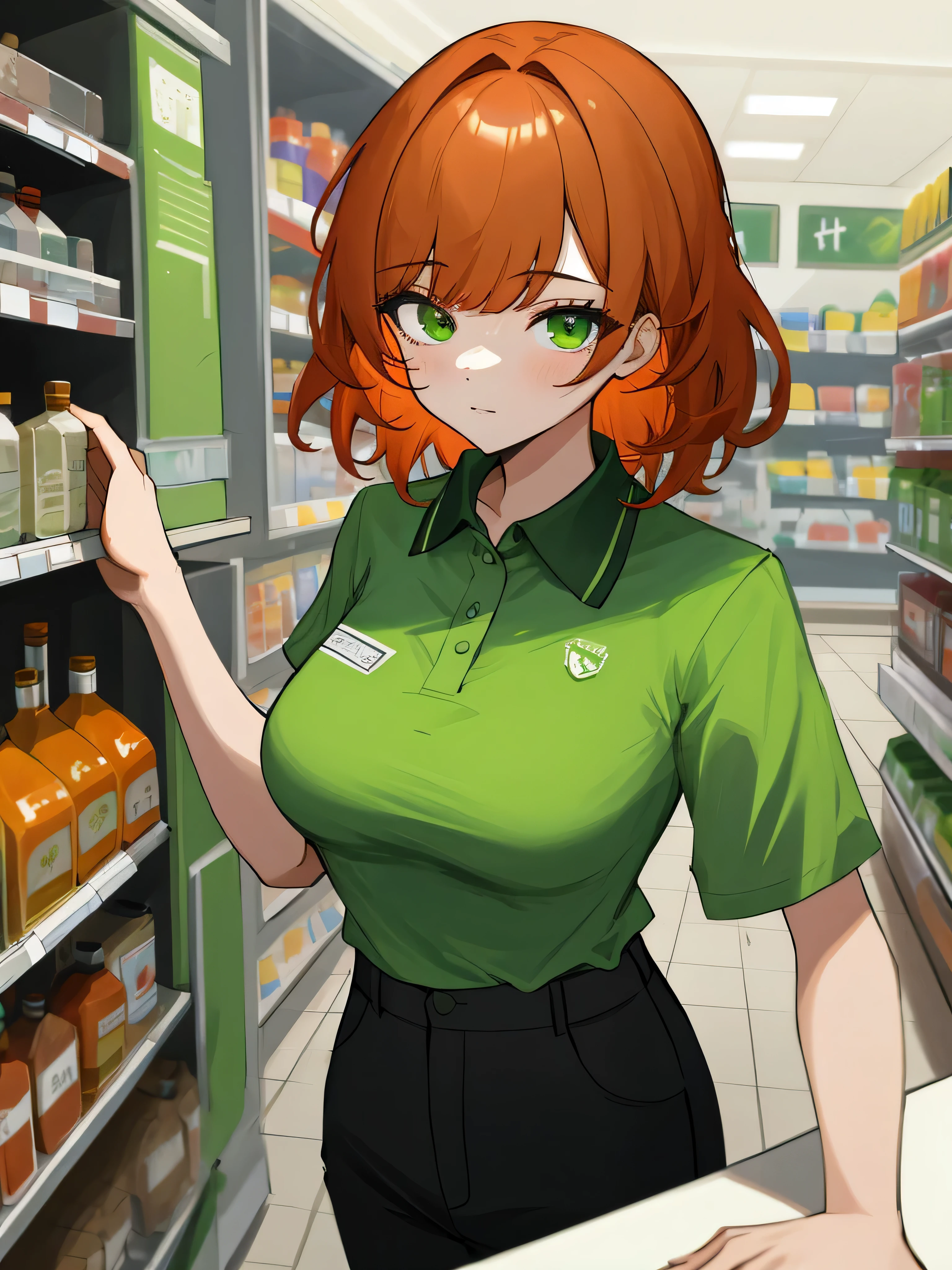 (masterpiece, best quality, absurdres, very detailed eyes), 1girl, solo, solofocus, medium breasts, ginger hair, medium hair, green eyes, bangs, closeup, teenager, cyberpunk, green polo shirt, black pants, convenience store, item shelves, counter, register, cashier, liquor bottles