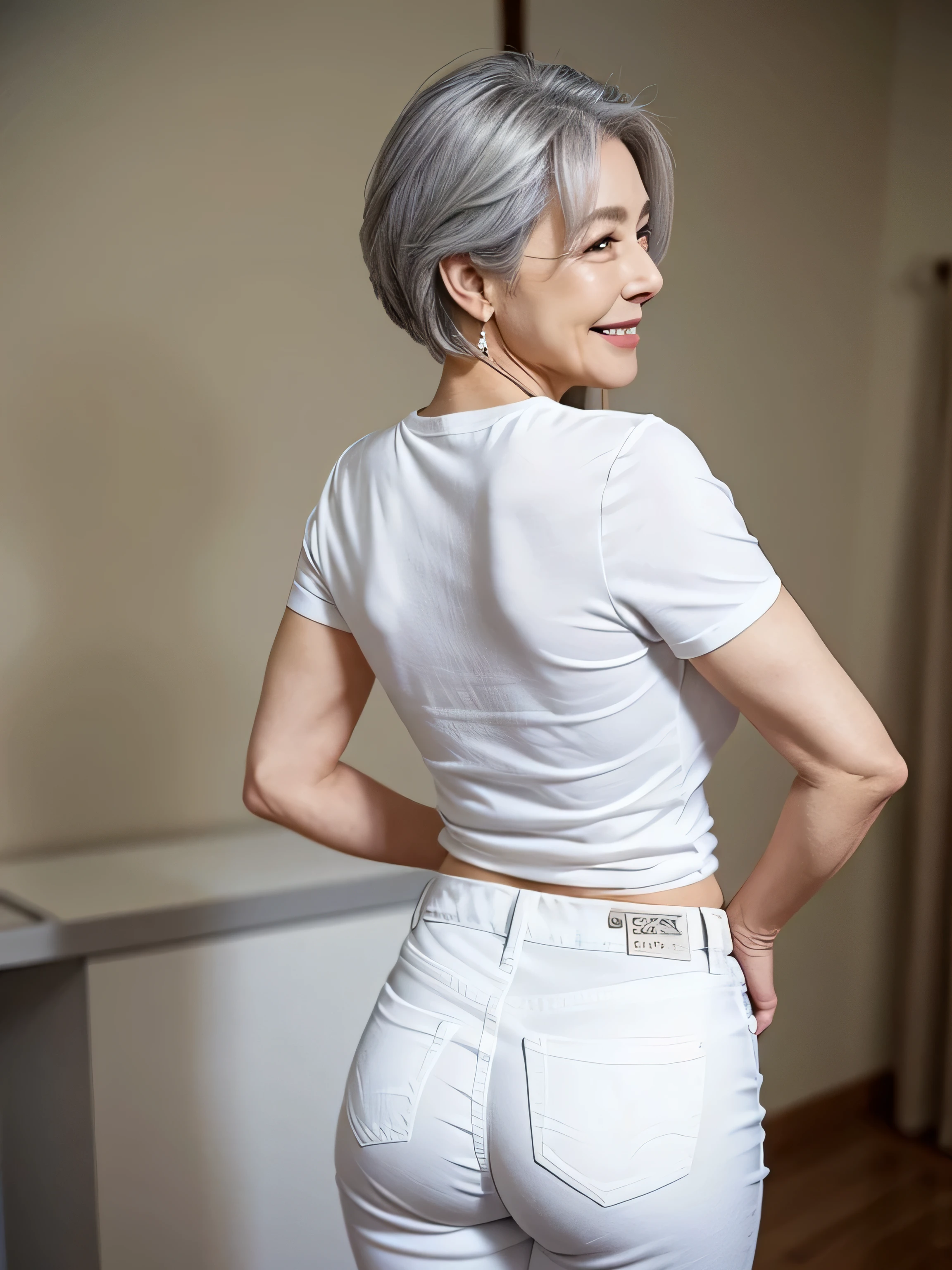 65 years old,gray hair,(there are many wrinkles on her face:1.2),old woman,white shirt,skinny jeans,smile,back view, posing