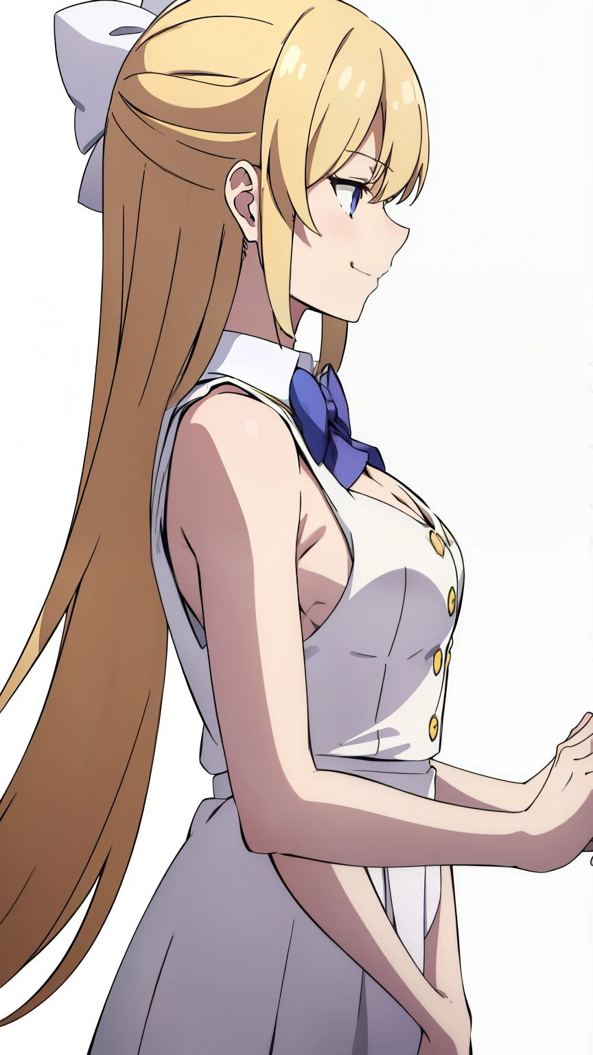 (1girl,20 years old,mature female),blonde hair,long hair,white dress, sleeveless, bow tie, bare shoulders,smile,cleavage,pantyhose,((white background)),extra arms,four arms,upper body.profile,angry expression