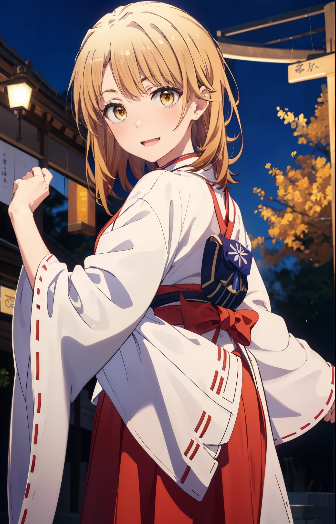 irohaisshiki, iroha isshiki, long hair, brown hair, (brown eyes:1.5), smile,Bellflower,Miko, 白色kimono, kimono,Red hakama Same as skirt, wide sleeve, long sleeve, Ribbon trim sleeves, happy smile, smile, open your mouth,short braided hair,
very long hair, dull bangs, low ponytail,
break outdoors, shrine,torii,
break looking at viewer,whole body, (cowboy shot:1. 5)
break (masterpiece:1.2), highest quality, High resolution, unity 8k wallpaper, (shape:0.8), (fine and beautiful eyes:1.6), highly detailed face, perfect lighting, Very detailed CG, (perfect hands, perfect anatomy),