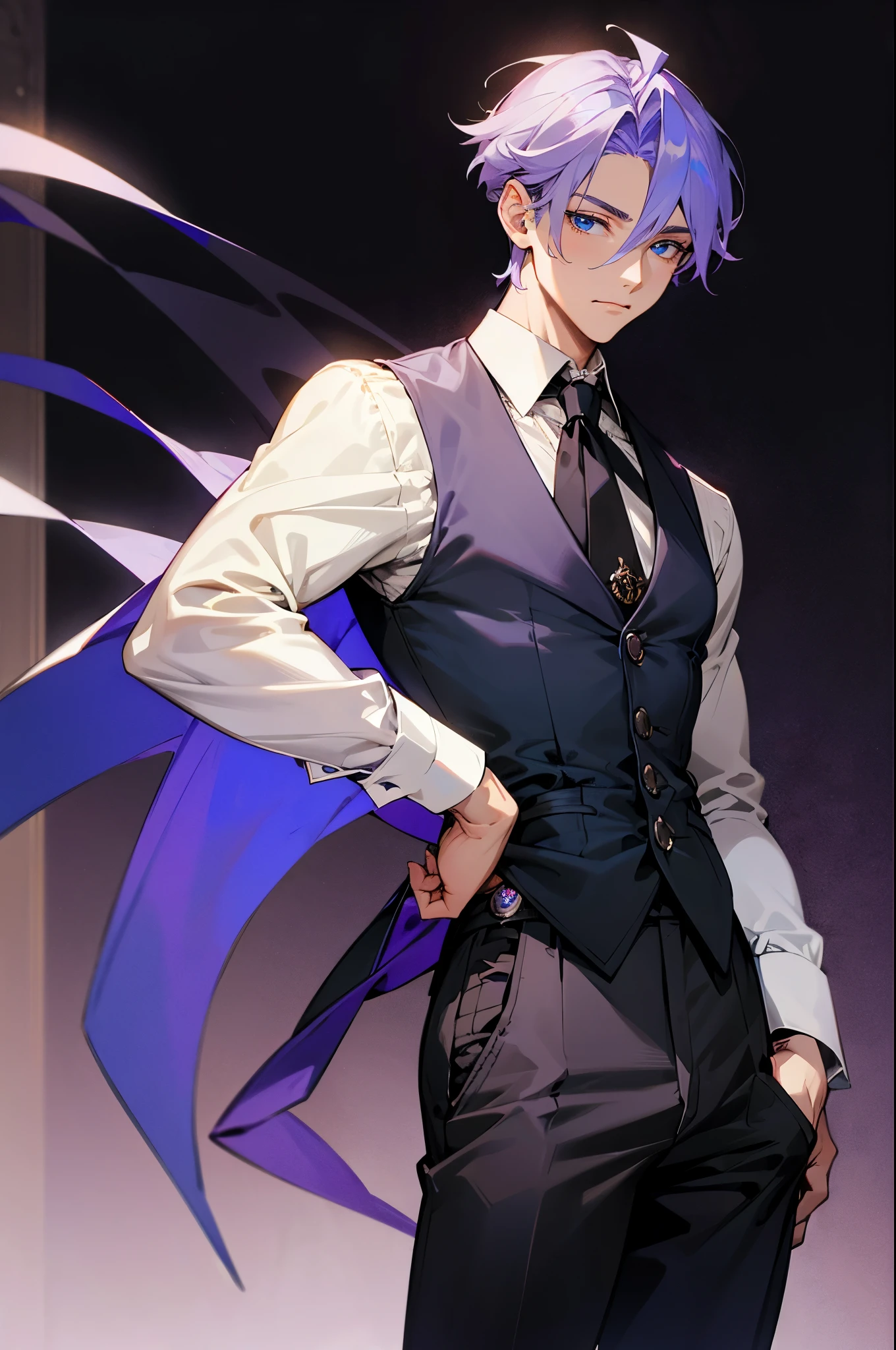 1male, Adult, Blue eyes, Lavender Colored Hair, London, Livingston Black Brushed Cotton Vest, Pocket Watch, Black Pants, Victorian Era Clothes, Dark Night, Muscular, Middle Parted Hair, Short Hair