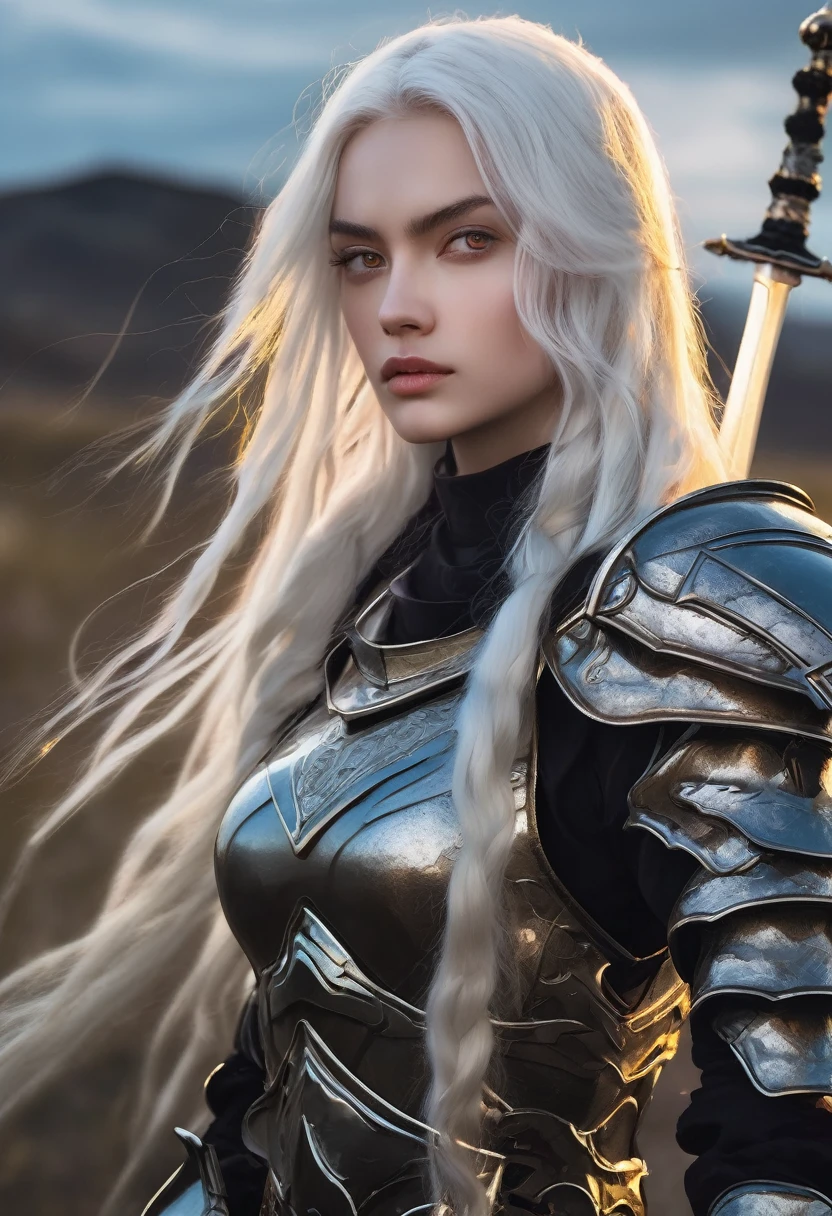 18 year old girl with long white hair yellow eyes wearing light black armor and two short swords in front of a beautiful plain at dusk