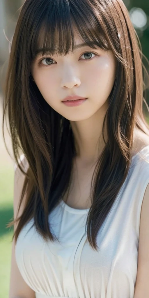 masterpiece, highest quality, 16K, 1 girl, 20th generation, absent-minded expression, close, close up of face, alone, cute, girly, delicate girl, pure beauty,  Raw photo, professional photography, portrait, soft light, professional lighting, Backlight, look forward to your eyes, Sophisticated, film grain, (Eye and face details:1.0), medium length floating hair, beautiful flowing hair, bangs,(big breasts:1.0)、Cream-colored tight summer knit、shoulder off