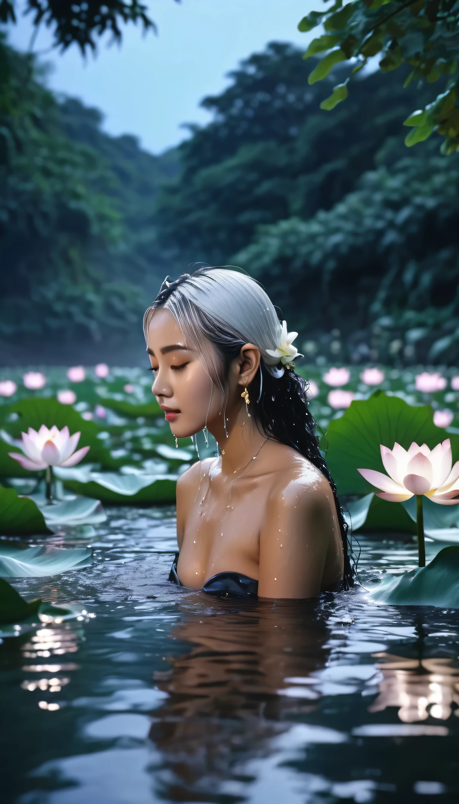 Best quality real picture photo, 20 year old woman, beautiful, wet black hair, soaking with a 60 year old man with white hair, in a river with super clear water decorated with lotus flowers, and other plants that look real at night with moonlight, quality 8k