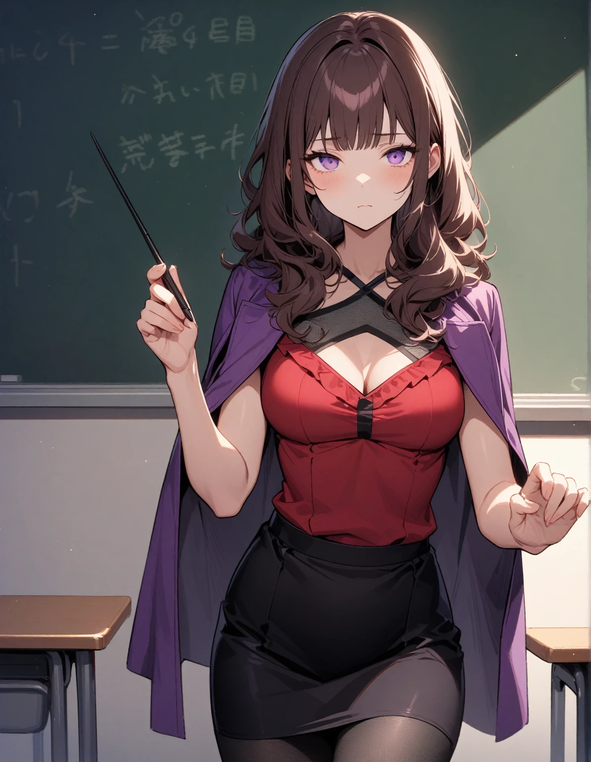 beautiful face, beautiful girl, looking at the viewer, purple eyes, maroon-brown hair, long wavy hair with bangs, hair gathered in a bun, wearing a red blouse with a cutout on the chest, neckline, medium chest, purple shawl on the shoulders, and a black pencil skirt, black mesh tights, tired look, lust, stands in the classroom, teacher, near the blackboard, teaches children, holds a pointer in his hands, gentle tones