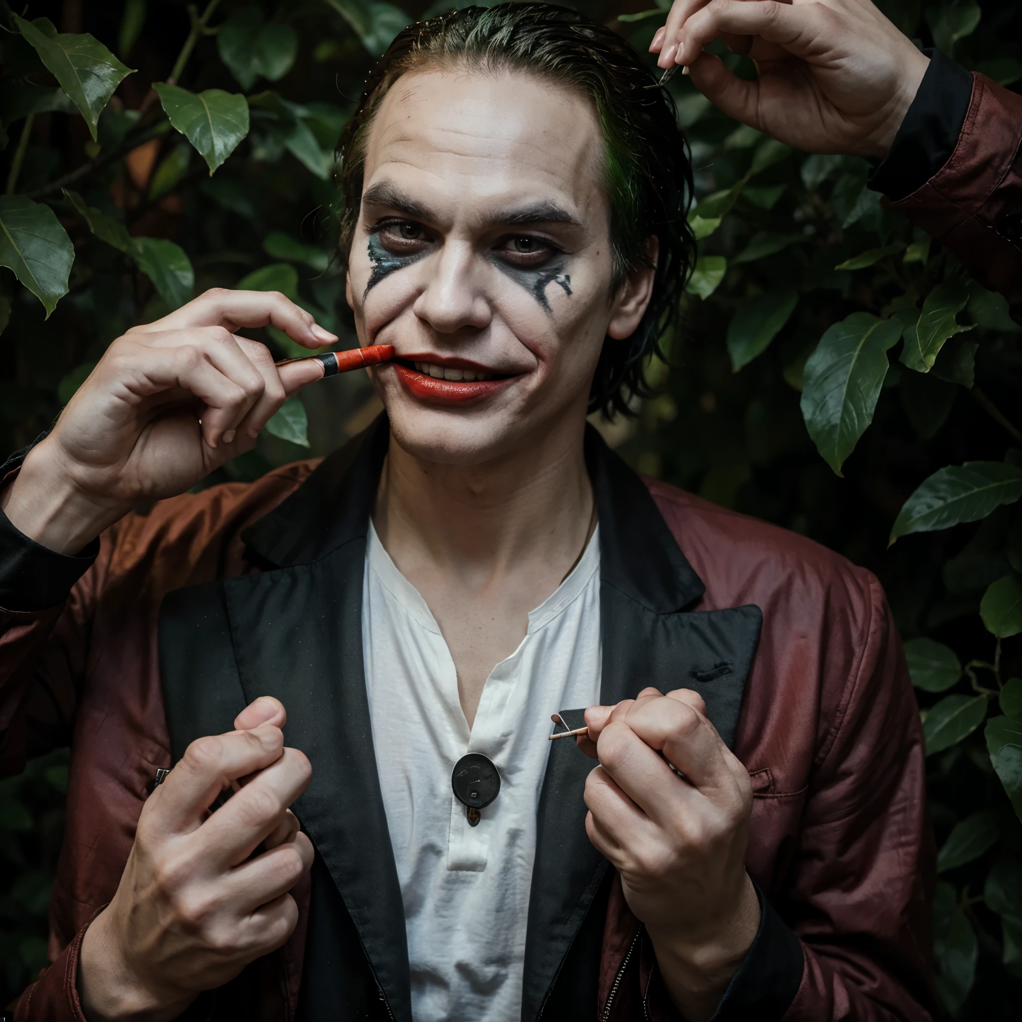 The Joker is wearing make-up, he's in a city that looks like a jungle, he's got a big red smile, red eyes, he's got a gun in one hand and a peace symbol in the other, but he's smoking at the same time.