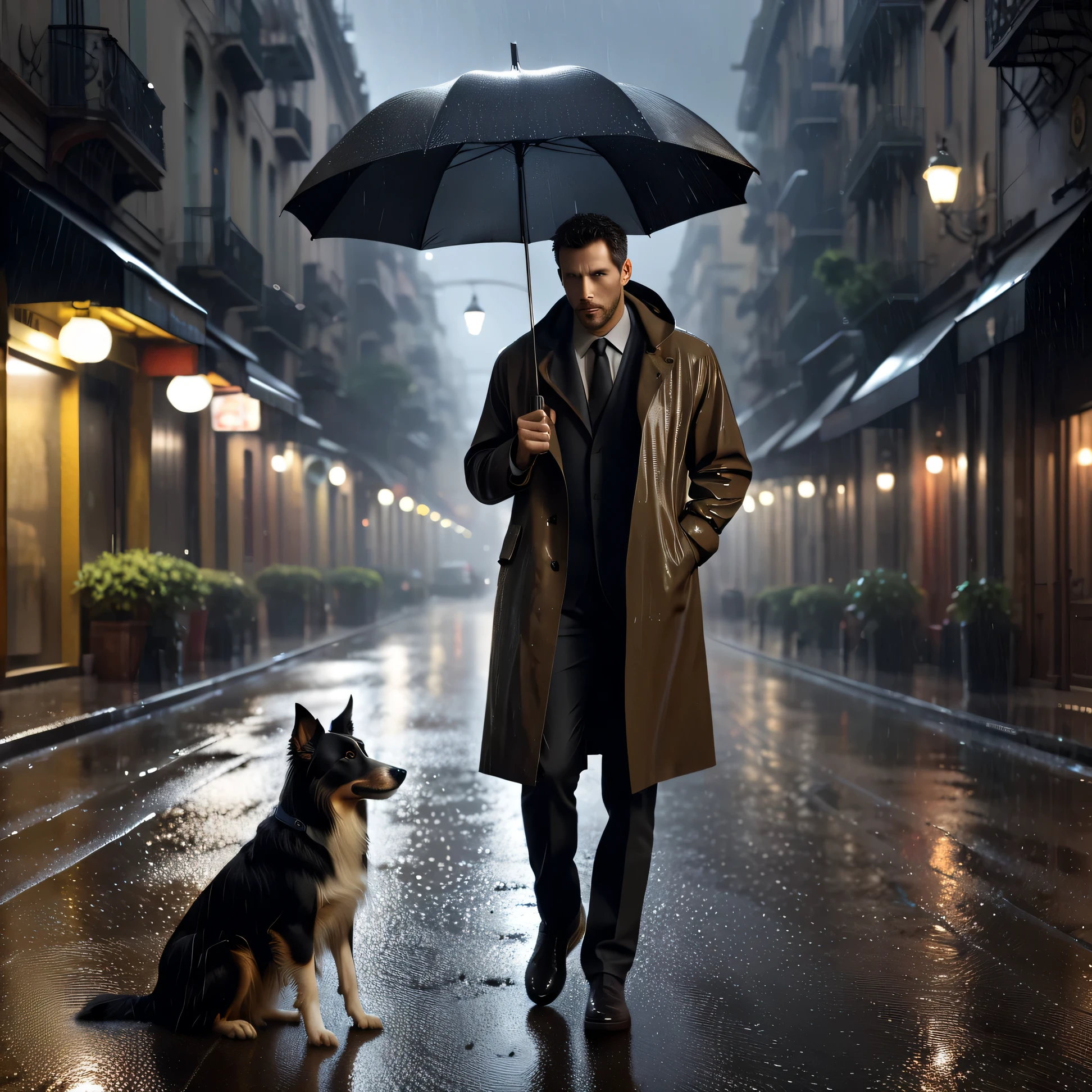 style by Adam Martinakis and Joseph Leo Mankiewicz, a man with a short brown beard in a raincoat walks under a black umbrella,  and a collie dog at the other end of the frame, rain, drops, spray, night, lights and lanterns of modern Buenos Aires, Relax, atmosphere of loneliness, abandonment, noir.