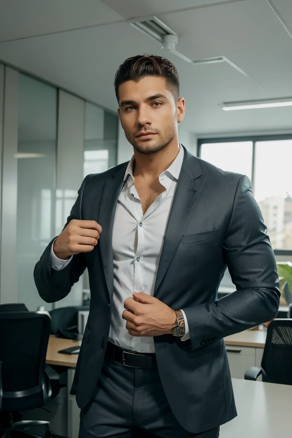 crie uma imagem de Giovanni Krause Bianchi usando roupa de trabalho. Ele tem cabelo loiro sedoso, olhos verdes brilhantes e uma altura de 1,87m com 98kg. Giovanni is muscular and has an athletic body and is wearing an elegant black suit., uma camisa branca bem ajustada e uma gravata de seda azul. He is standing in a modern office, with a confident and professional expression on your face, ready for an important meeting.