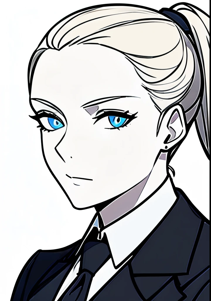One Young Adult female, pale blonde slicked back into a short ponytail with a single bang on the left hand side, steel blue eyes, light and carefree expression, wearing black suit jacket and tie, portrait style, facing forwards