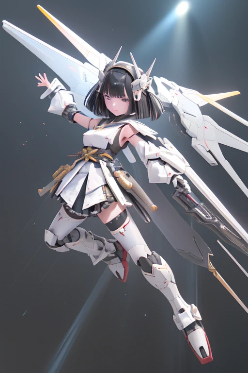 (highest quality)), ((masterpiece)), (very detailed: 1.3), 3D, {(young japanese girl)}, Japanese girl wears gothic  clothes with white frills, (Fusion with future Gundam mecha:1.2), with headgear, With V fins , armored shoulder,Equipped with armor under the armpits, Armor under the legs, Multi-layered texture perfect proportions, octane rendering, Duotone lighting, Low ISO, wide aperture, White balance, Rule of thirds, Ultra HD16k, HDR (high dynamic range), ray tracing, NVIDIA RTX, super resolution, Scattered beneath the surface, PBR texturing, Post-processing, anisotropic filtering, Depth of the bounds written, maximum clarity and clarity, High efficiency subpixel, subpixel convolution, particles of light, scattered light, Tyndall effect, full body:1.5, battle pose, cute, (cute:1.2), (bob cut:1.3),Braid, black hair, thick eyebrows, light colored iris, big, shining black eyes, long eyelashes, small, pale natural lips, (Average Japanese idol face), (日本人特有のbaby face:1.3), (baby face), wide forehead:1.2, plump cheeks, small chin, Visible side boob, (has a huge weapon:1.5), In the Hangar,looking at the viewer,focus on the eyes 