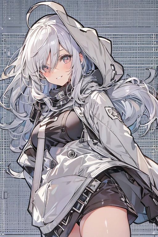 1girl, {alone}, Upper body ,{{ {looking for at viewer}}}, arm to the side, concept art, white returnground, simple returnground, gray hair, Silver gradient hair , intricate cloth, Asymmetrical clothing, Virtual YouTuber, highest quality, masterpiece, dynamic angle, guilty gear, guilty gear, guilty gear, cowboy_shot, looking for_return, grab, girl,woman,woman, young,20-year-old, very long hair, flipped hair, silver hair, flowing hair, Ahoge, grin, beautiful and delicate golden eyes, teeth, Moderate_chest, blonde eyes, white skin, coat, hoodie, black_shorts, gray clothes, transparent_returnground, returnlighting, disorganized, High resolution, super detailed,