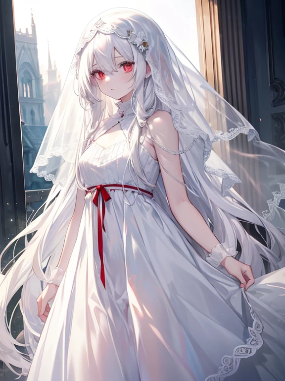 Young girl, long white hair, sloppy hair, red eyes, pale skin, white open dress, translucent dress, veil, masterpiece, high quality