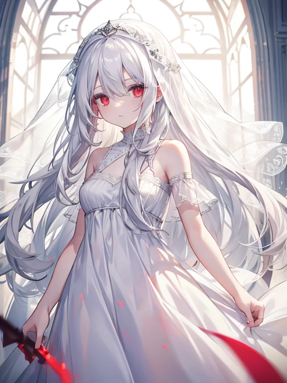 Young girl, long white hair, sloppy hair, red eyes, pale skin, white open dress, translucent dress, veil, masterpiece, high quality