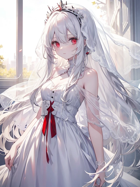Young girl, long white hair, sloppy hair, red eyes, pale skin, white open dress, translucent dress, veil, masterpiece, high quality