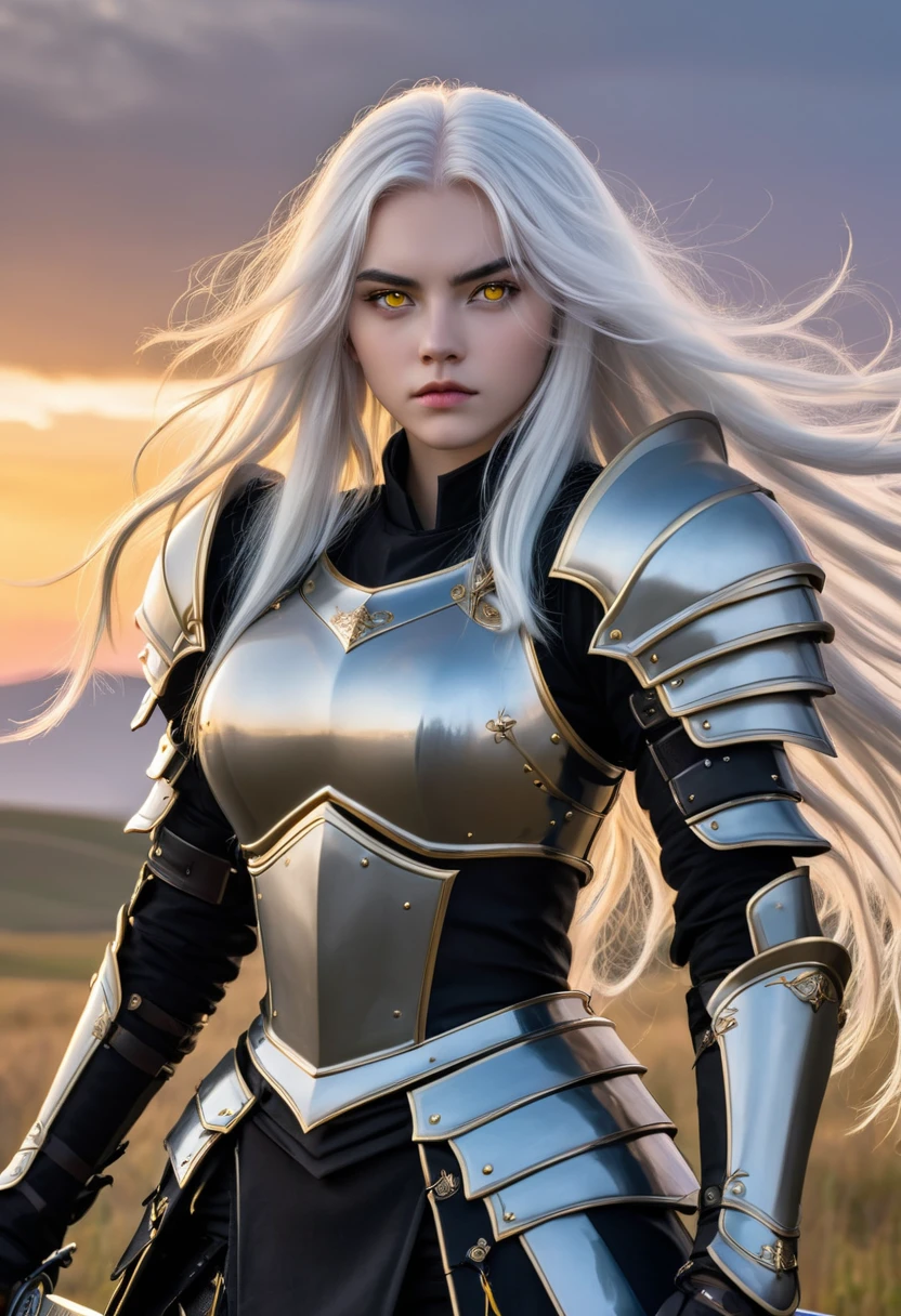 18 year old girl with long white hair yellow eyes wearing light black armor and two short swords in front of a beautiful plain at dusk