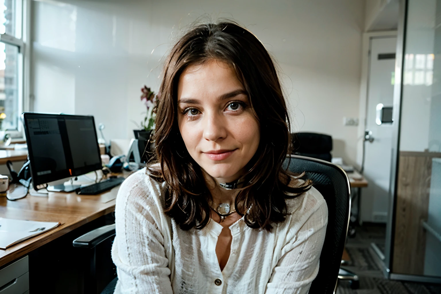 photorealistic portrait of A 40-year-old British woman, sitting in an office chair, looking straight at the camera without smiling, blande hair tending to brown