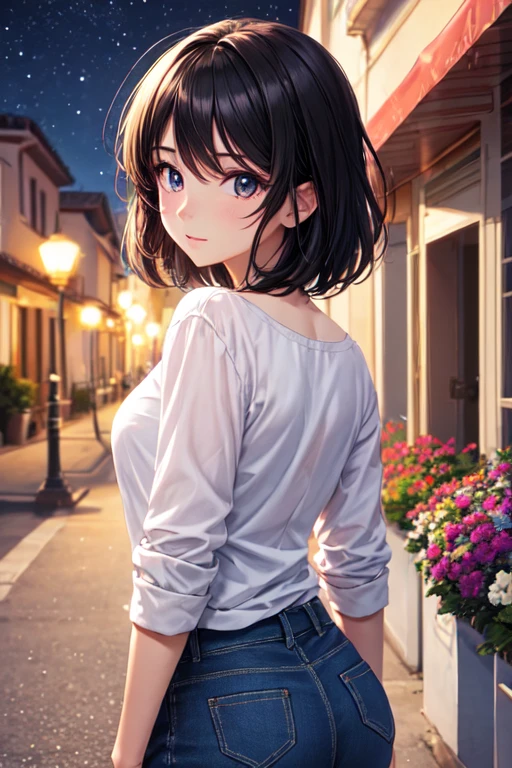 Anime, 1 chico, pelo blanco, ojos rojos, ojos brillantes, casaca negra, pants, noche, flores, sol, sollight