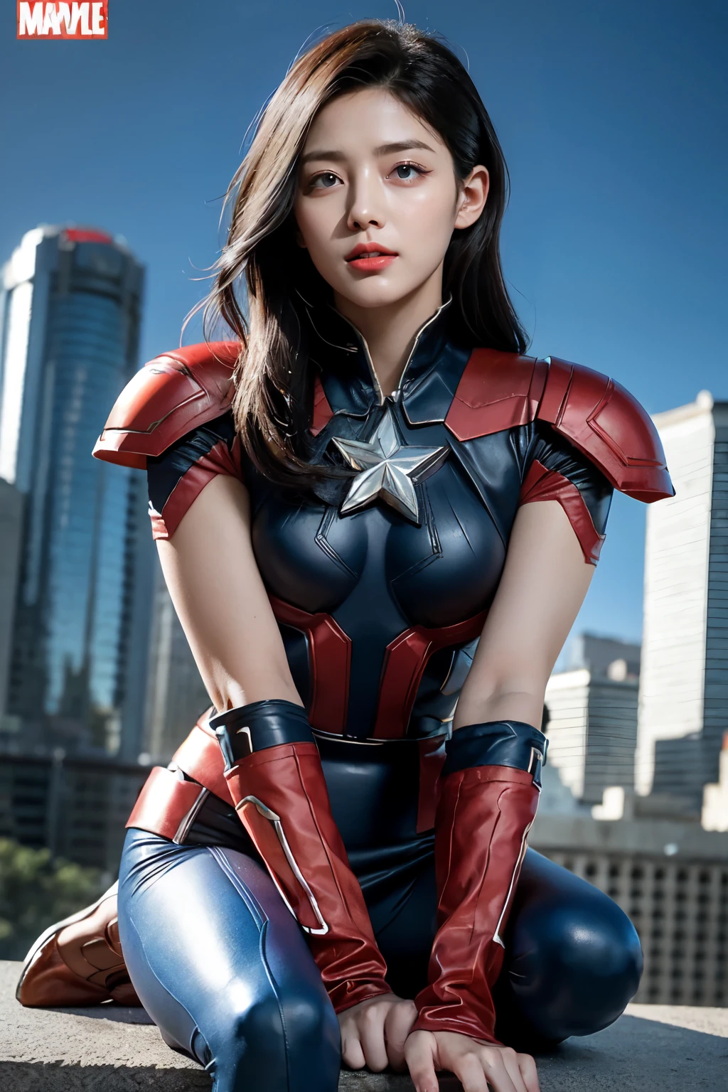 (best quality,ultra-detailed,realistic:1.37), digital illustration, ( woman wearing a Hero marvel costume), detailed eyes and face, beautiful detailed lips, red lips, sexy body, big breasts,long eyelashes, big breasts:1.5, (Close-up photo),  captain america wearing a Marver costume, long hair, ((Take a photo from below the thigh)),vibrant colors, dramatic lighting, comic book style,  woman wearing a marvel costume, position:sitting, seductive pose, skyscraper background, view dark sky, tall buildings