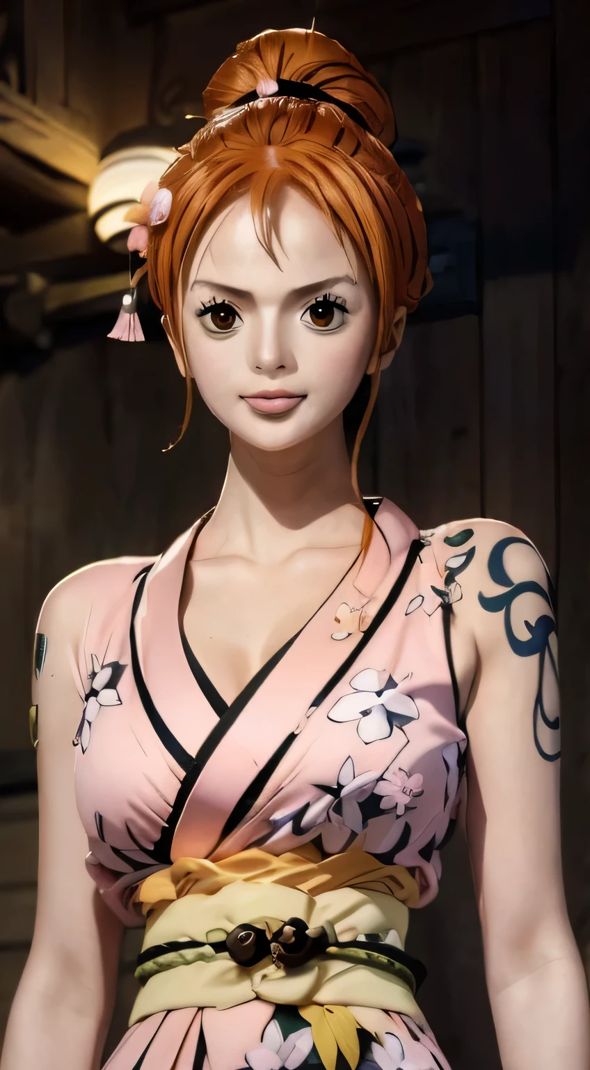 Nami, One Piece \(series\), One Piece arc Wanokuni, anime art style, masterpiece, (pink floral kimono), (kimono), ponytail hair, orange hair, Climate Baton, Clima-Tact, 1girl, solo, (Looking at the Audience), wink eye, holding a piece of gold, closed mouth, elbow sleeve, eyes visible through hair, floating hair, foreshortening, green eyes, hair intakes, orange hair, tattoo on arm, (large breasts), plumpy body, v-shaped eyebrows, (dynamic poses), detailed background, outdoor, cherry blossoms, sky, (ultra detailed), (8k, intricate), (85mm), light particles, lighting, full body, (highly detailed:1.2), (gradients), sfw, colorful, (detailed background), (rule of third_composition:1.3), (Line of action:1.2), daylight, solo, sexy posing, beautiful geisha