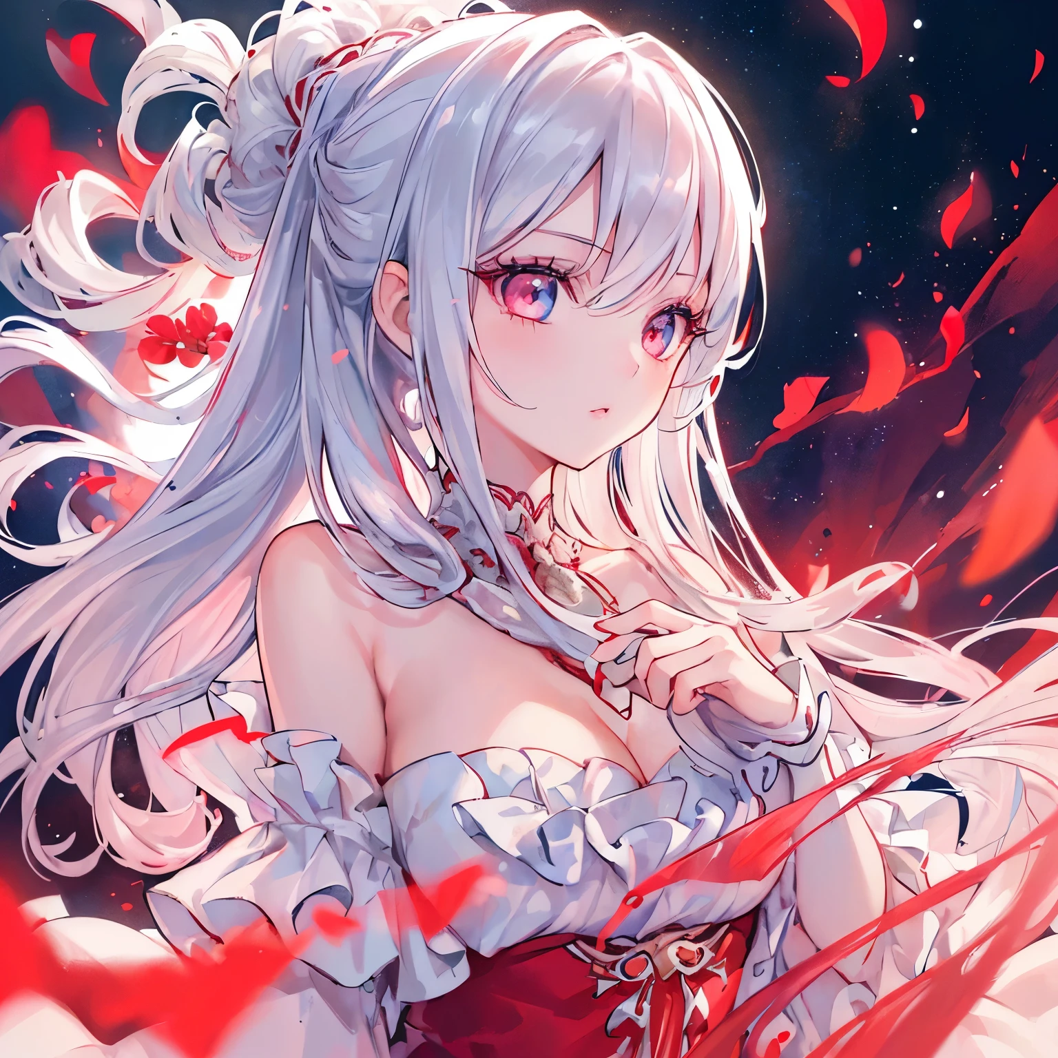 woman, red eyes, white long wavy hair, noble, like prince, sadistic smile, queen. her front hair is tied up. her. where dress like princess or queen. she sadistic and cruel women. like a strong Knight women. like fallen angel. she is the evil queen. wearing flowers on her head. her dress is stained with blood