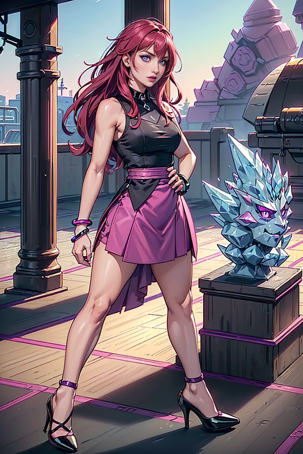Neko Girl, Maid, Princess, ((Have a fluffy cat tail)), ((purple long hair), beatiful face, ((In her forehead is a blue princess crystal)), ((sexy facial expression)), is looking at the camera, ((Body color: swarthy reddish)), skin color: swarthy, sweaty body, Body glare, ((Beautiful Female Eyes)), ((Eyes glow with blue light)), ((Perfect Sexy Figure)), Ideal body shapes, big thighs, ((sophisticated and beautiful)), Sexy stance ((frontal view)), ((The clothes: Yellow sweater with beautiful neckline and women's leggings, Around the neck is a choker with a crystal inside)) Background: Dark room with window overlooking the sunset, Depth of field, ((ultra quality)), ((tmasterpiece)), Clear image, crisp details, Realistic, professional photoshoot, Clear Focus, the anime, Colorfully drawn, NSFW