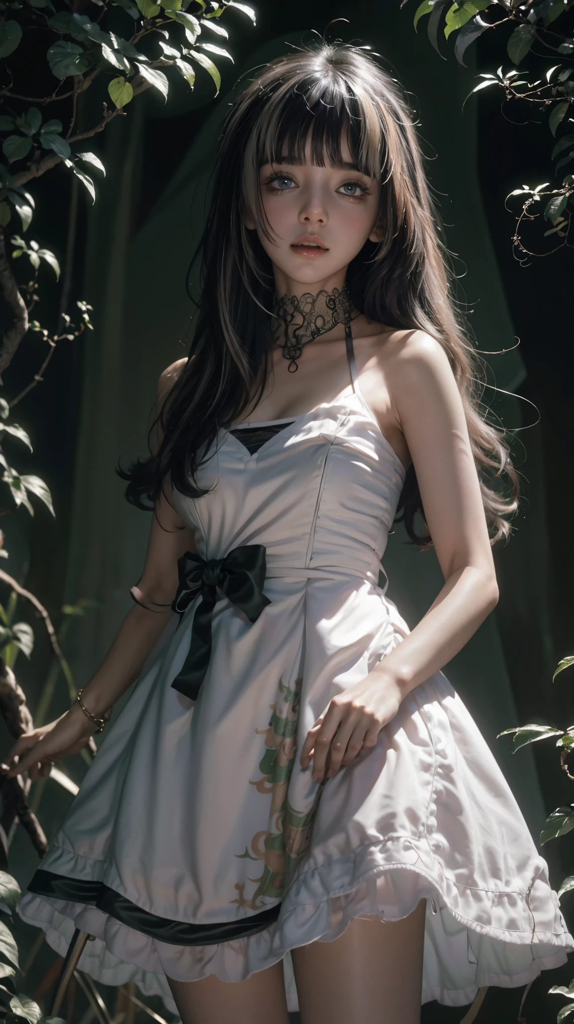 "((inocente)) garota, Hora dourada, prado sonhador, ethereal, Caprichoso, flowing dress, luz solar suave, encantador, Asas de borboleta, (nuvens pastel), liquid reflections, 1 garota num lago, numa floresta com logas trees, lugar escuro , standing, garota de corpo inteiro, night and starry sky, trees, linda, magical aura, a garota tem olhos vermelhos, olhos de cor carmesim, ela tenho olhos escarlate, flores, a garota usa uma jaqueta de couro vermelho, blusa preta e calsa marrom, foco no rosto dela, seu cabelo cacheado tem cores diferentes, cabelos cacheados de tom escuro, ele tem marchas verdes no seu cabelo, she is beautiful, ela olha para lua e as estrelas, parece triste, is accompanied by a frightening shadow, she is accompanied by monsters, 1 garota de cabelos escuros e cacheado, linda, magical aura, a garota tem olhos vermelhos, olhos de cor carmesim, ela tenho olhos escarlate