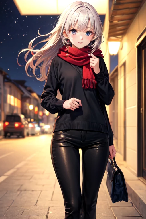 Anime, hombre, cabello blanco, ojos rojos, bufanda roja, casaca negra, black pants, noche