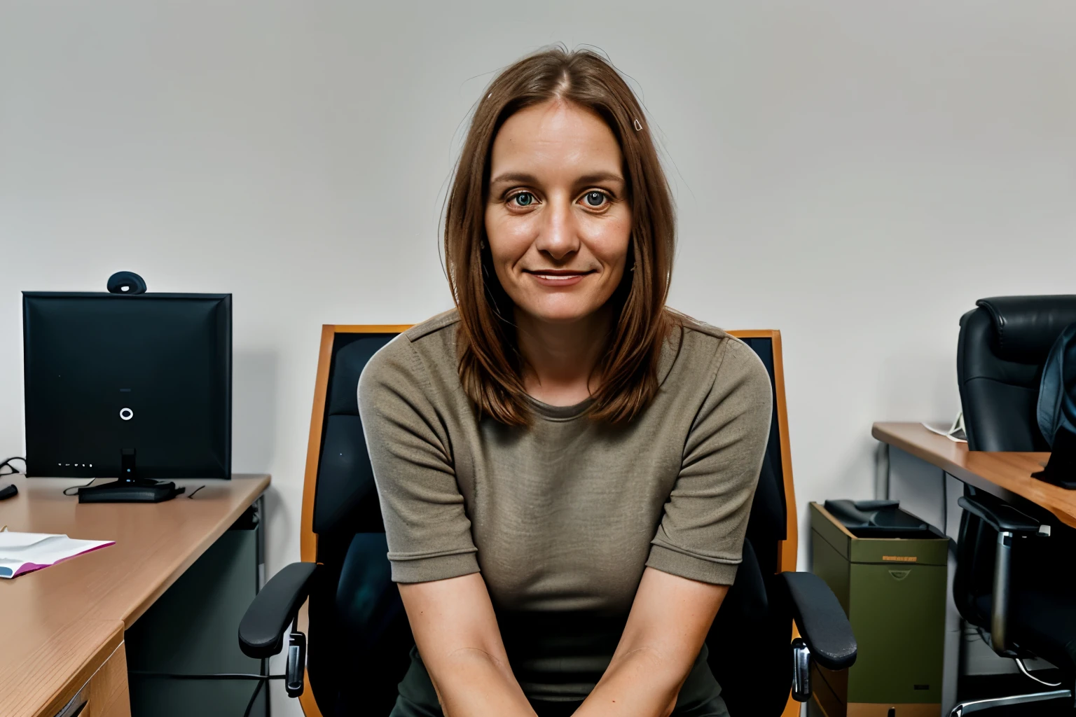 photorealistic portrait of A 40-year-old British woman, sitting neatly in an office chair, looking straight at the camera without smiling, blande hair tending to brown