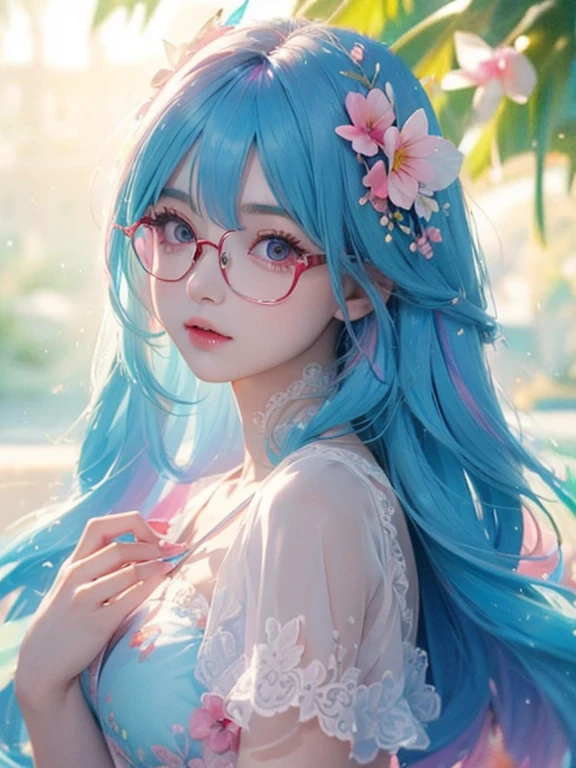 (masterpiece:1.2), (highest quality:1.2),, Curvy but slender body, perfect eyes, perfect face, perfect lighting, 1 girl,(rainbow colored hair, colorful hair, Half blue、half pink hair: 1.2),  cherry blossoms、 Glasses、（Cute floral shirt），（I can see the whole body），（painted on steel、Transparent sexy clothes、polka dots、lace skirt），curly hair, Clothes with short sleeves, 