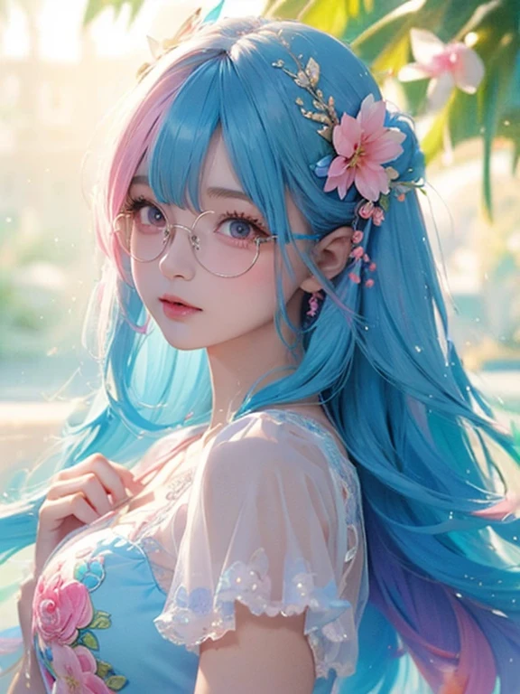 (masterpiece:1.2), (highest quality:1.2),, Curvy but slender body, perfect eyes, perfect face, perfect lighting, 1 girl,(rainbow colored hair, colorful hair, Half blue、half pink hair: 1.2),  cherry blossoms、 Glasses、（Cute floral shirt），（I can see the whole body），（painted on steel、Transparent sexy clothes、polka dots、lace skirt），curly hair, Clothes with short sleeves, 