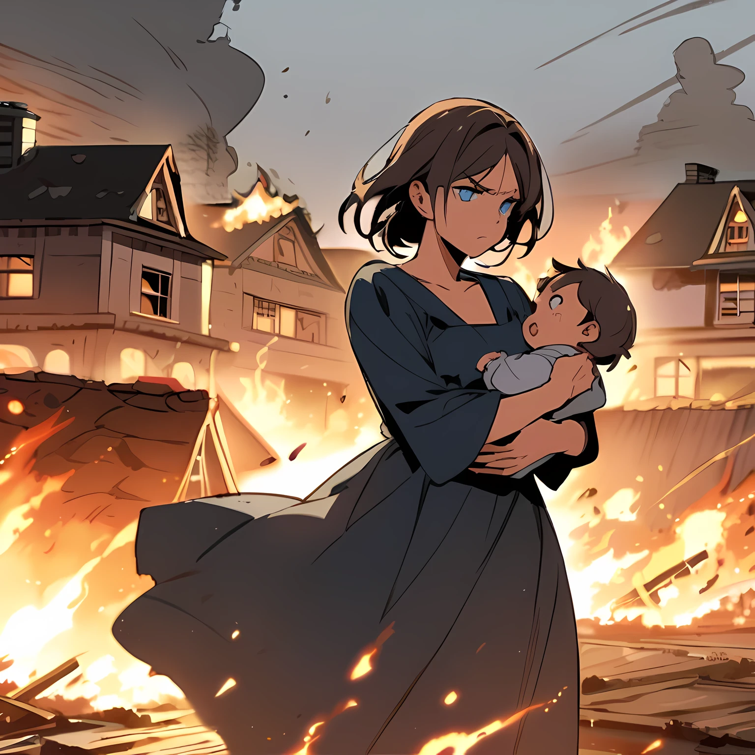Wide view of middle-aged woman holding her , fear and tension facial expression, blue eyes, battle field, burning houses, commoner dress
