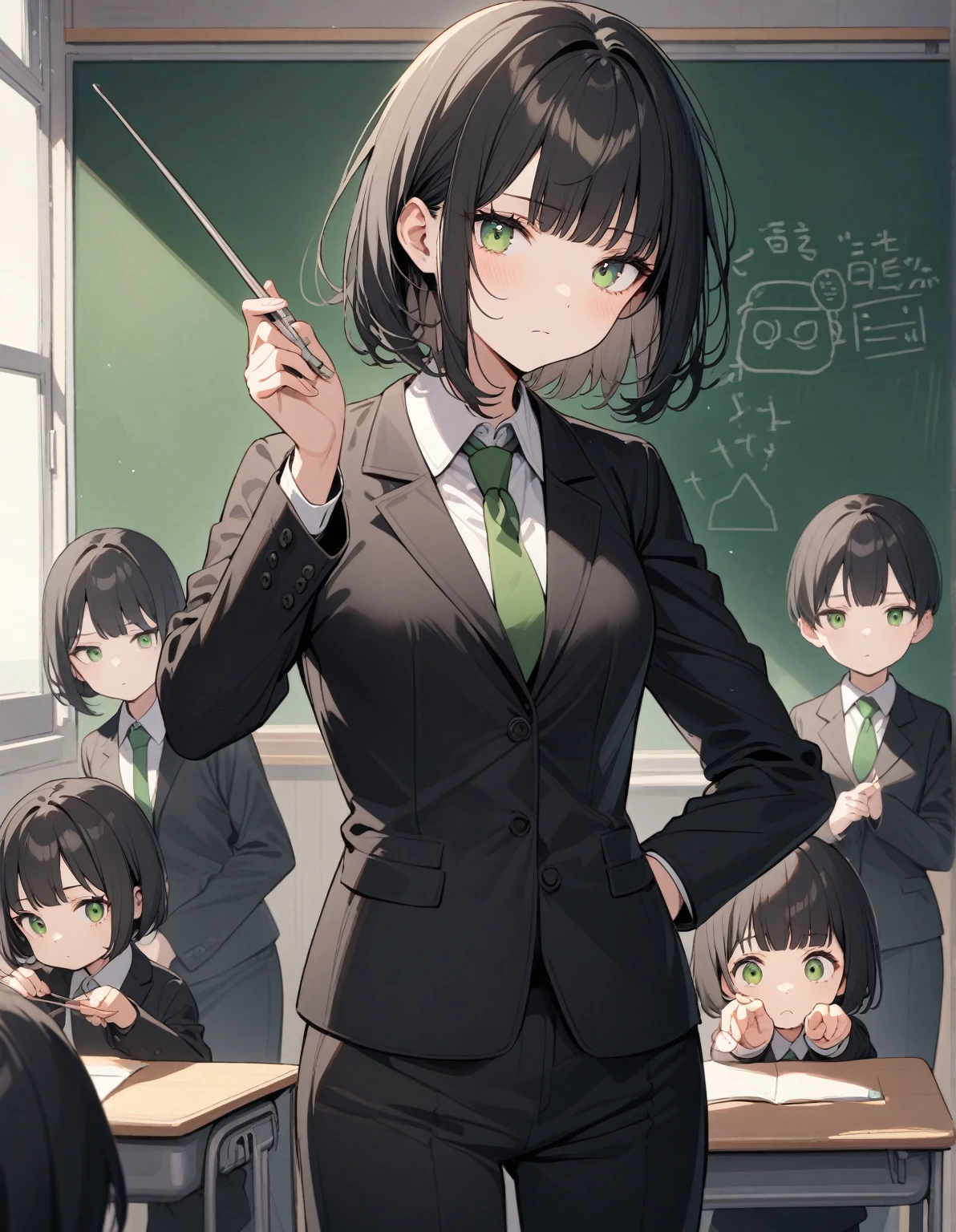 beautiful face, beautiful girl, looking at the viewer, green eyes, black hair, short hair with bangs, dressed in a black jacket with a green tie, and black pants, tired, dissatisfied, standing in the classroom, teacher, near the blackboard, teaching children, holding a pointer, gentle tones