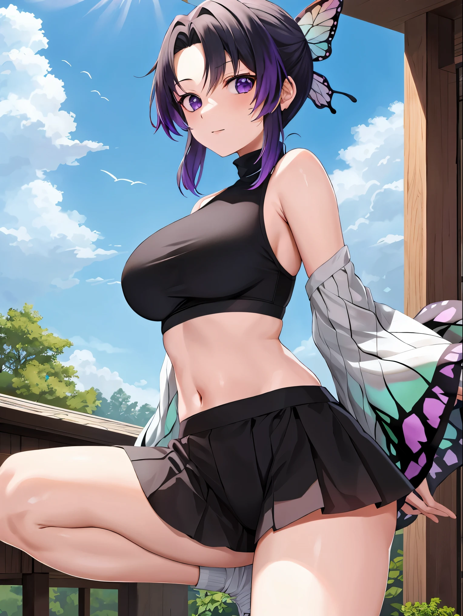 masutepiece, Best Quality, hight resolution, 1girl in, solo, kochou shinobu, Decorate your hair with butterflies, violet eyes, Multi-colored hair, Short hair, Parted bangs, Short shorts, open one's legs, Skirt, Turtleneck Top, Navel Ejection, outside of house, Erotica, large full breasts, Sateen, show through, Black pants