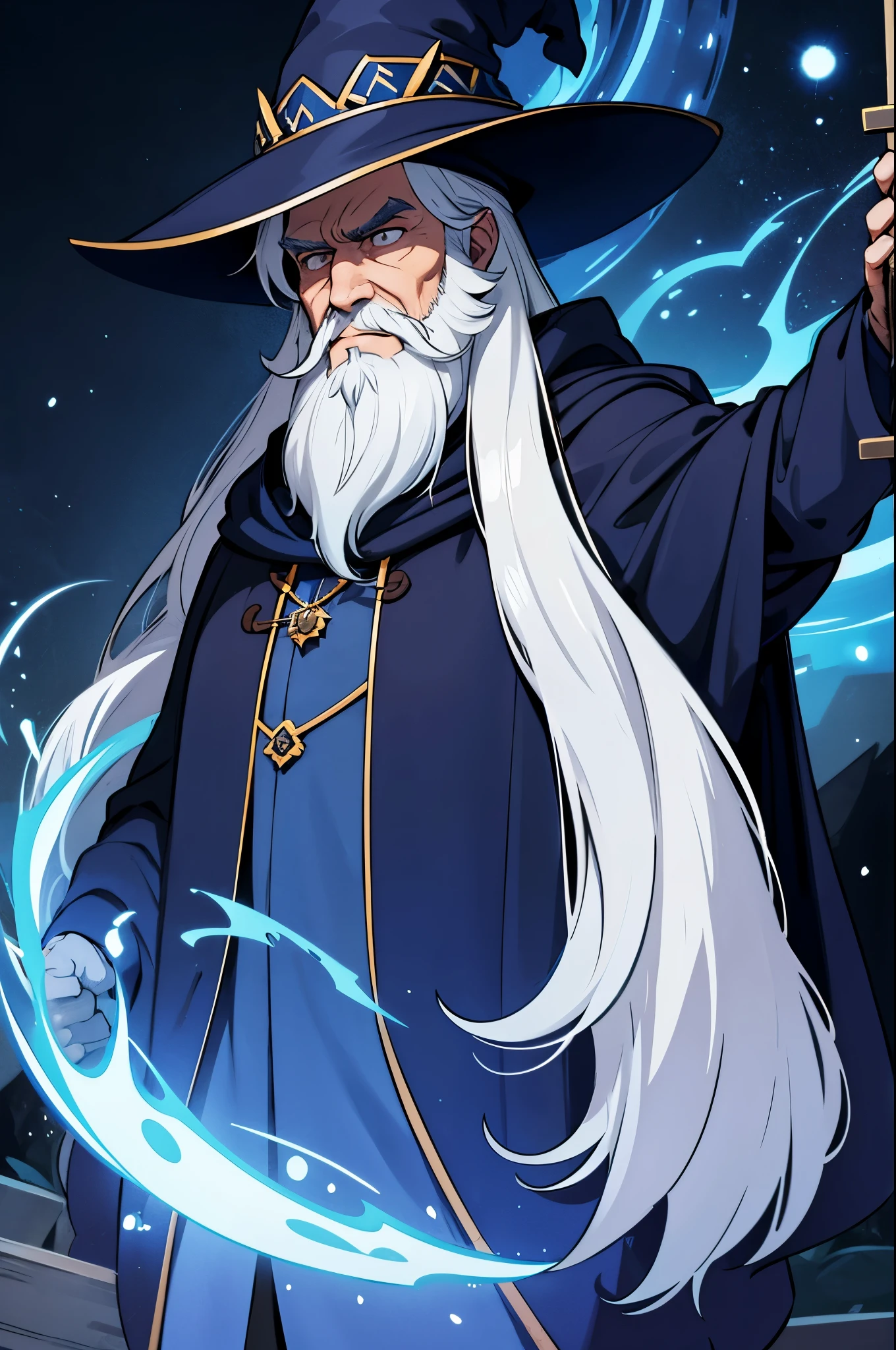 wizard, with white beard, in dark blue cloak, dark blue magic hat, upperboddy