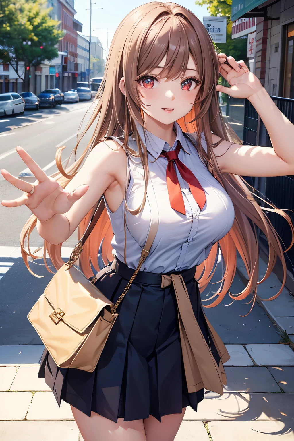 Game , goddess of victory nikke, Rapi , light brown hair,  alluring eyes ,beautiful face , crystal red eyes ,  long hair , office sleeveless shirt ,armpits, blue colour shirt, long skirt,beige colour skirt,selfie wind, 1 hand bag, cheerful eyes, ,g cup breast, slender waist, bewitching thighs, five fingers each hand, two hand ,two leg , in town, date, standing, beautiful, high heels, daylight, recreation park,