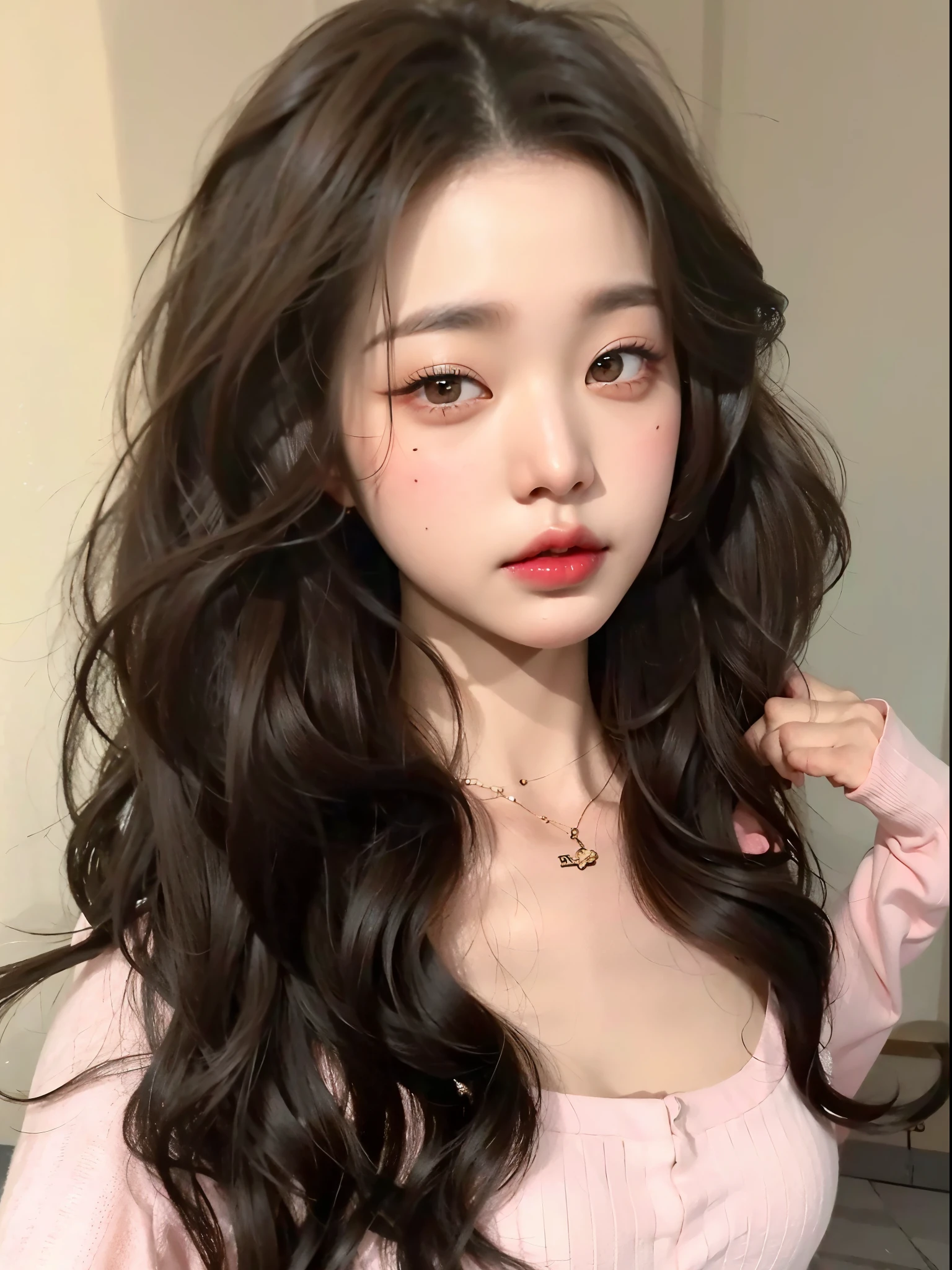 Un primer plano de una mujer con el pelo largo que lleva una camisa rosa, ulzzang, jennie rosa negro, maquillaje popular de Corea del Sur, cara muy bonita, Joven y adorable rostro coreano, maquillaje coreano popular, con cabello largo y rizado, cabello ondulado extendido, Ojos grandes y cabello largo y suelto, Wan adorable cara coreana, pale and light skin!!, Cara suave y redonda, con cara redonda