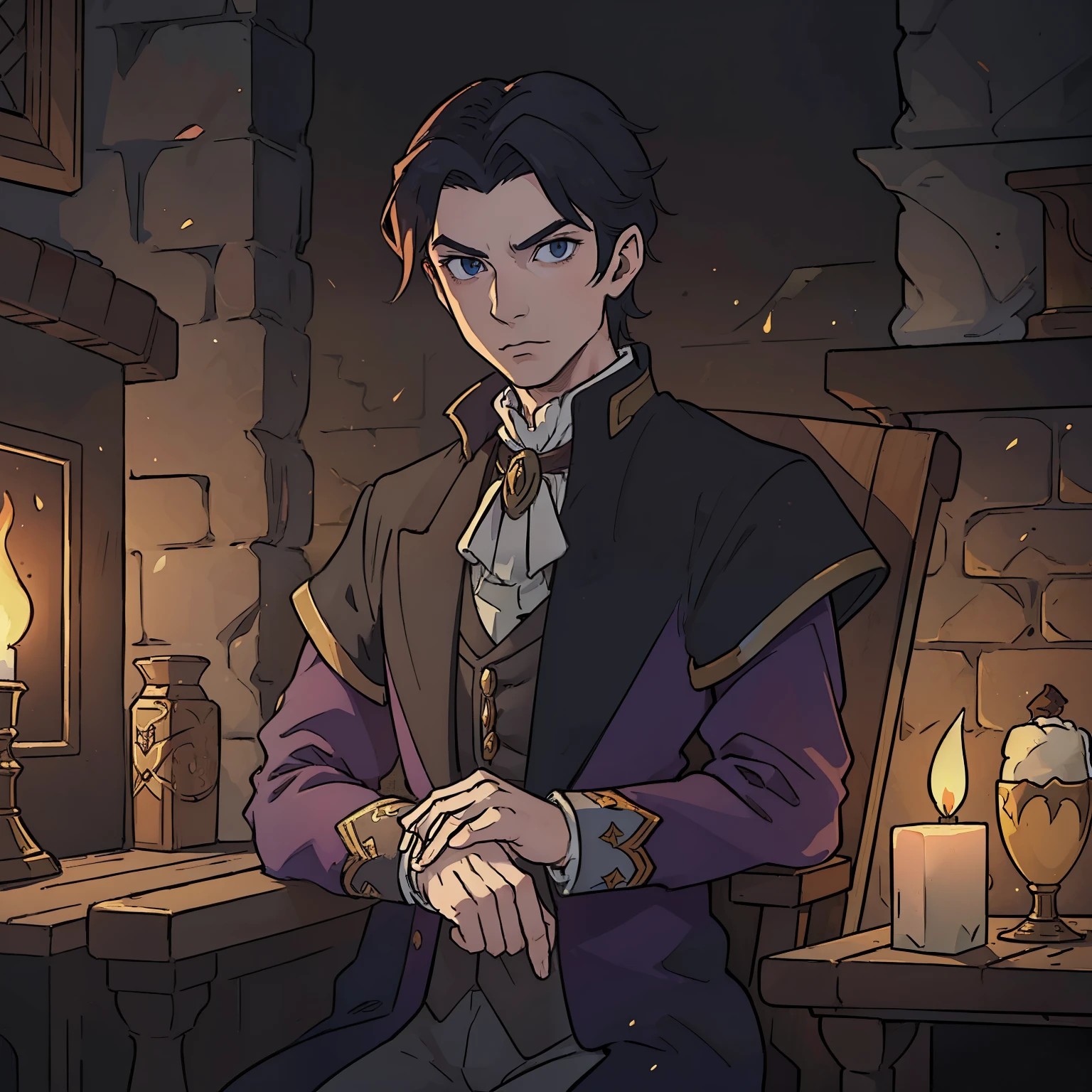 (((masterpiece))), (((best quality))), illustration, single character, game character, rpg character, aristocrat masked male human, rpg noble aristocrat, aristocrat vampire clothes, vampire character, pale skin, villain character, medieval tavern background, rpg tavern, fireplace light illumination, gloomy mood, 8k, awesome quality