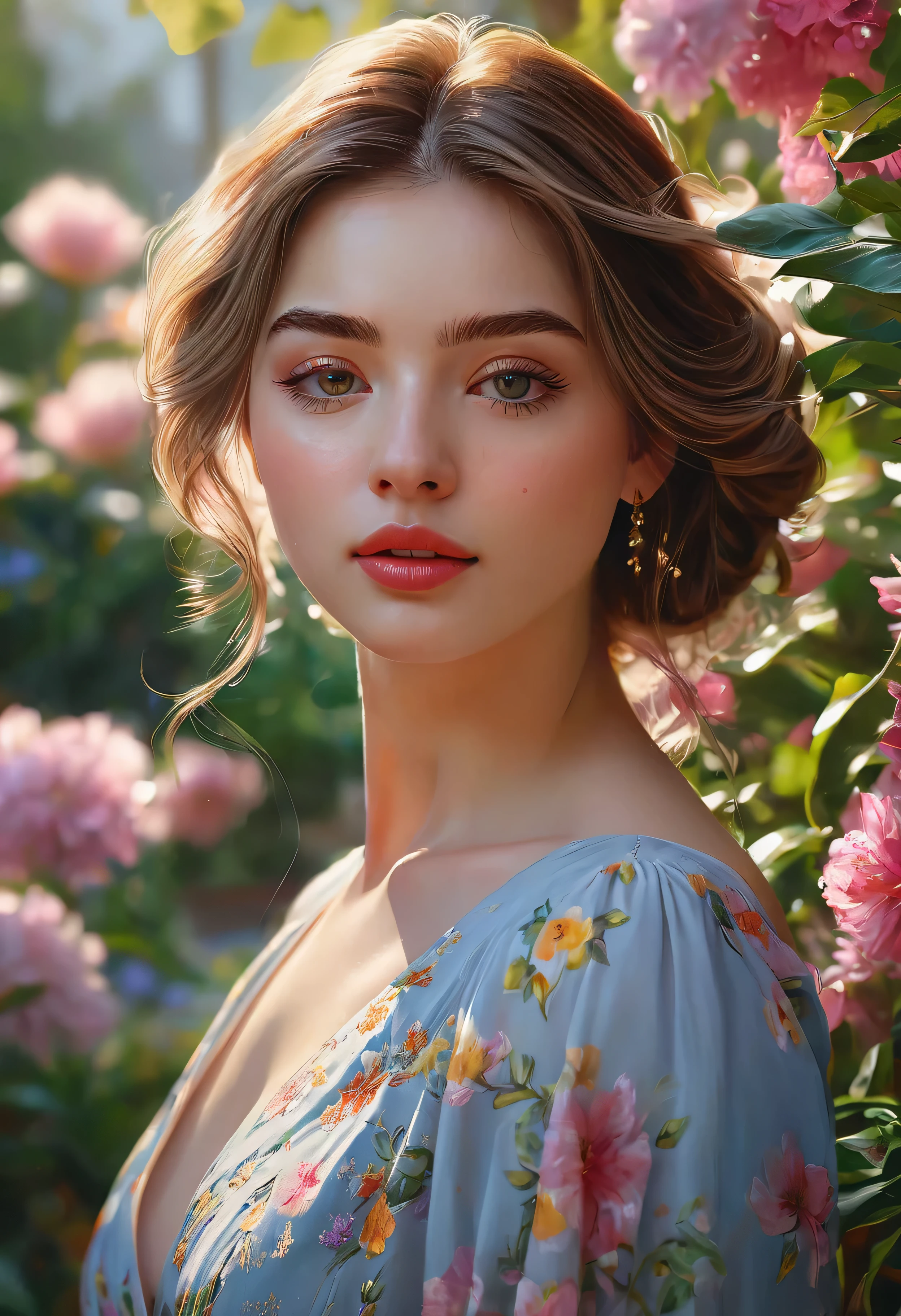 The prompt should follow the format below:
(best quality, highres:1.2), ultra-detailed, (realistic, photorealistic:1.37), (++++++foot pose:1.1), portraits, oil painting, vivid colors, soft lighting, beautiful detailed eyes, beautiful detailed lips, long eyelashes, elegant dress, a girl in a garden, surrounded by blooming flowers, sunlight filtering through the trees, a gentle breeze rustling her hair, and a serene expression on her face.