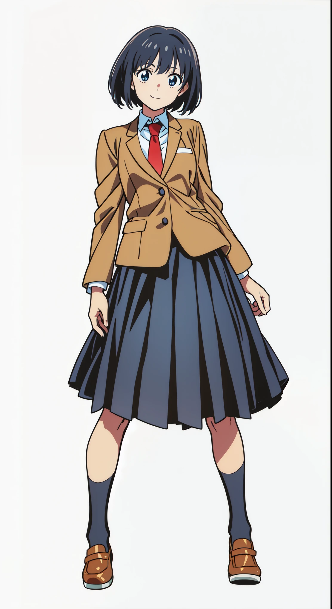 (best quality:1.0), (masterpiece:1.0), (super fine illustration:1.0), (beautiful artwork:1.0), (anime screencap:1.0), (official art:1.0), (tareme:1.5), (best quality:1.0), (masterpiece:1.0), (super fine illustration:1.0), (beautiful artwork:1.0), (anime screencap:1.0), (official art:1.0), (tareme:1.5), (cheerful:1.5), (white background:1.0), (best quality:1.0), (masterpiece:1.0), (super fine illustration:1.0), (beautiful artwork:1.0), (anime screencap:1.0), (official art:1.0), (full body:1.0), (solo:1.0), (HSGA:1.0), (a 18yo cute girl:1.0), (long skirt:1.0), (dark blue skirt:1.0), (pleated skirt:1.0), (school uniform beige blazer:1.0), (dark blue necktie:1.0), (loafers:1.0), (black socks:1.0), (ideal ratio body proportions:1.0), (lanky:1.0), (tall:0.0), (slender:1.0), (small breasts:1.0), (smaller face:0.0), (tareme:1.0), (detailed beautiful eyes:1.0), (detailed beautiful face:1.0), (glowing black eyes:1.0), (bob cut hair:1.0), (black hair:1.0), (standing:1.0), (looking at viewer:1.0)
